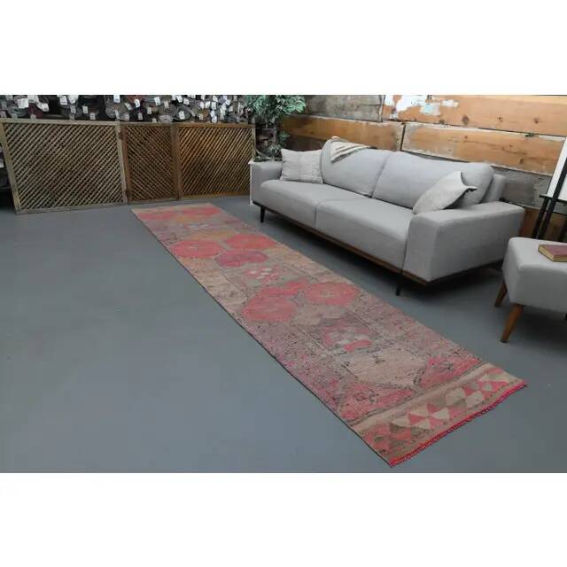 1970s Vintage Turkish Oushak Handmade Wool Cotton Pink Runner Rug 90x365