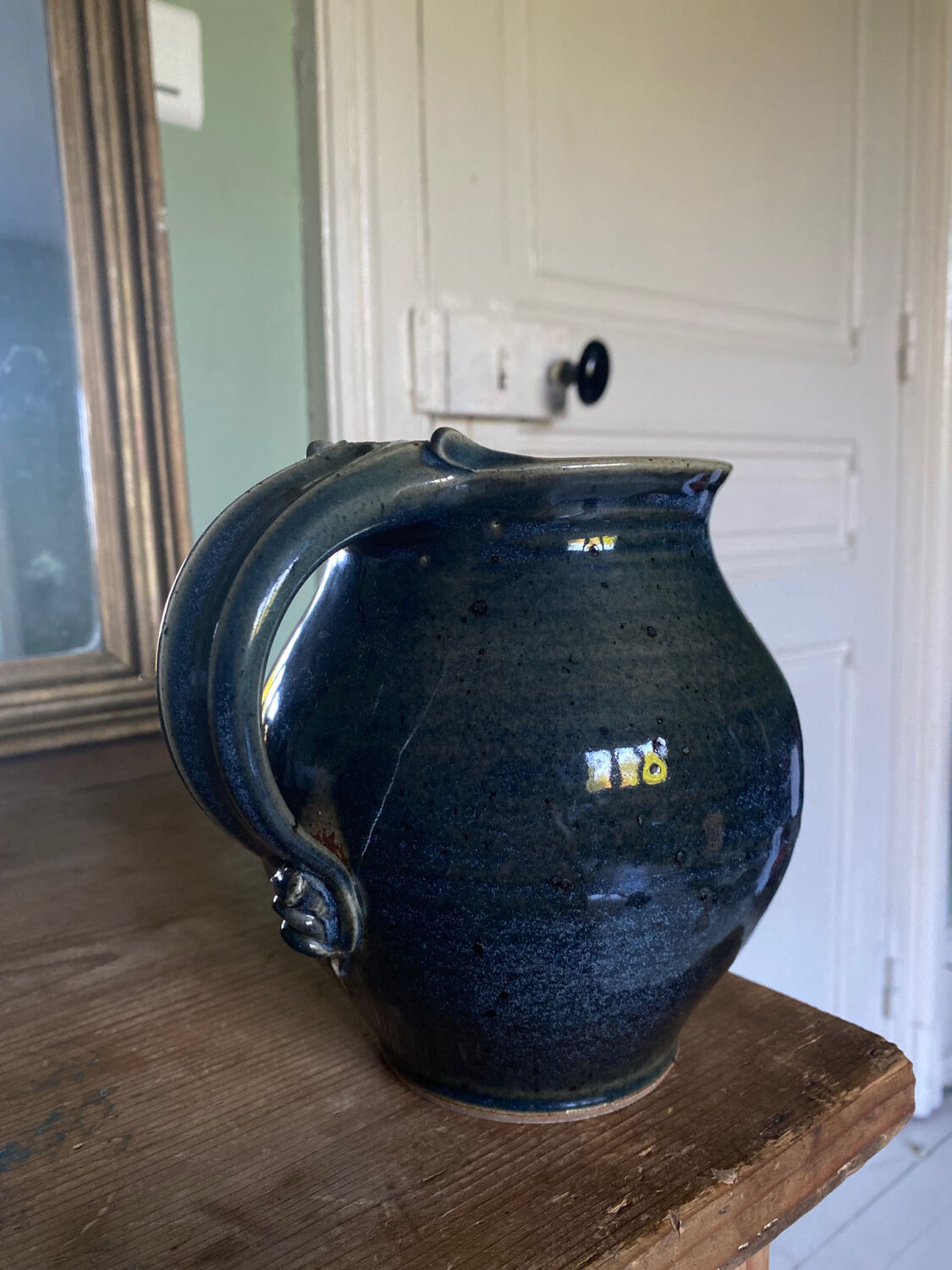 Blue carafe in glazed stoneware ceramic signed