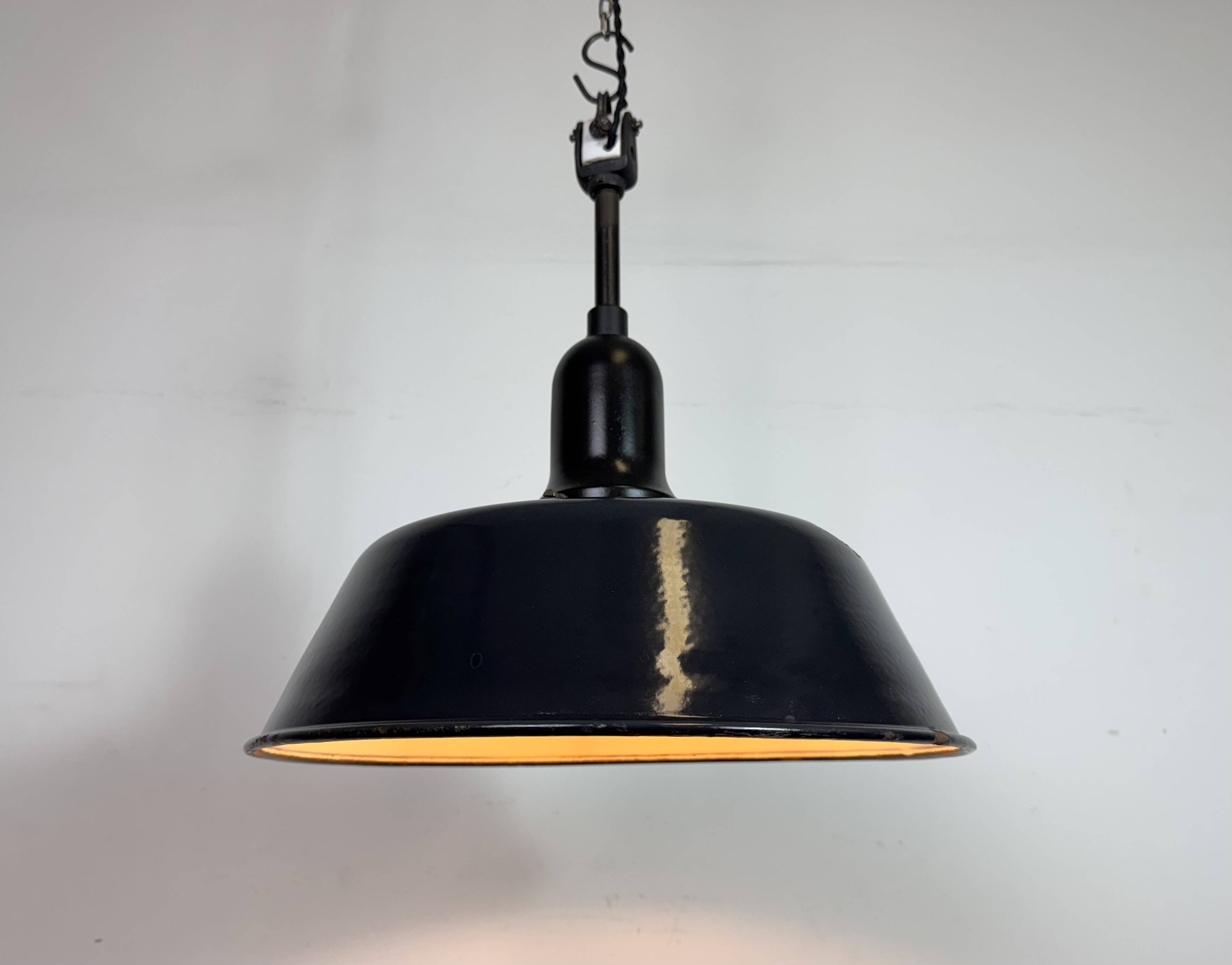 Industrial Black Enamel Factory Lamp with Porcelain Top, 1950s