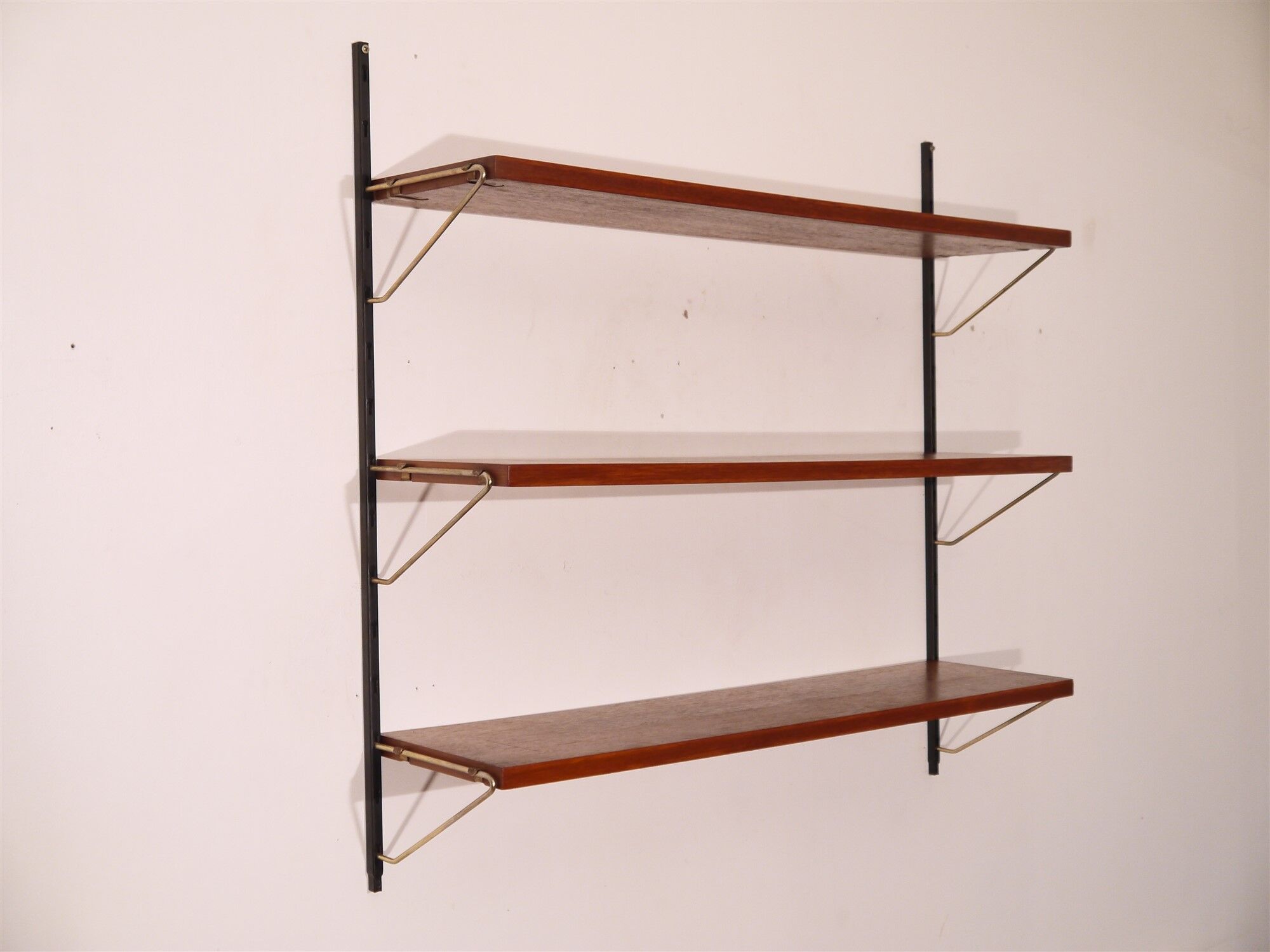 Scandinavian teak and brass metal shelf