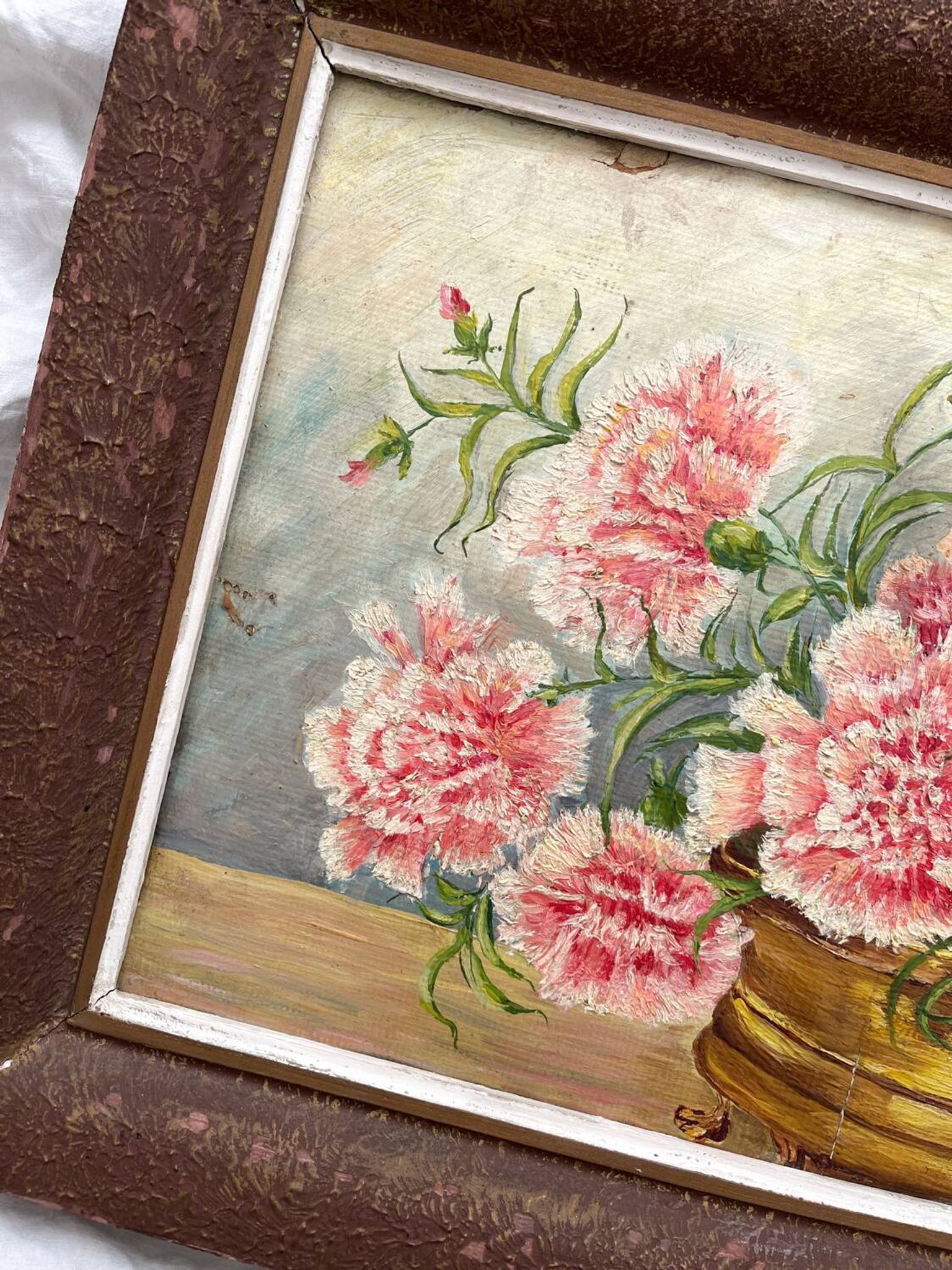 Antique oil painting on cardboard, bouquet of carnations, signed and dated 1899