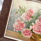 Old oil painting on cardboard bouquet of carnations signed and dated 1899