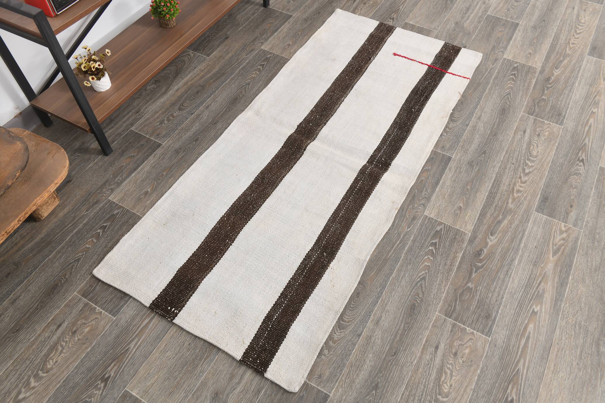 Short White Brown Turkish Kilim Runner Rug, 75x174Cm