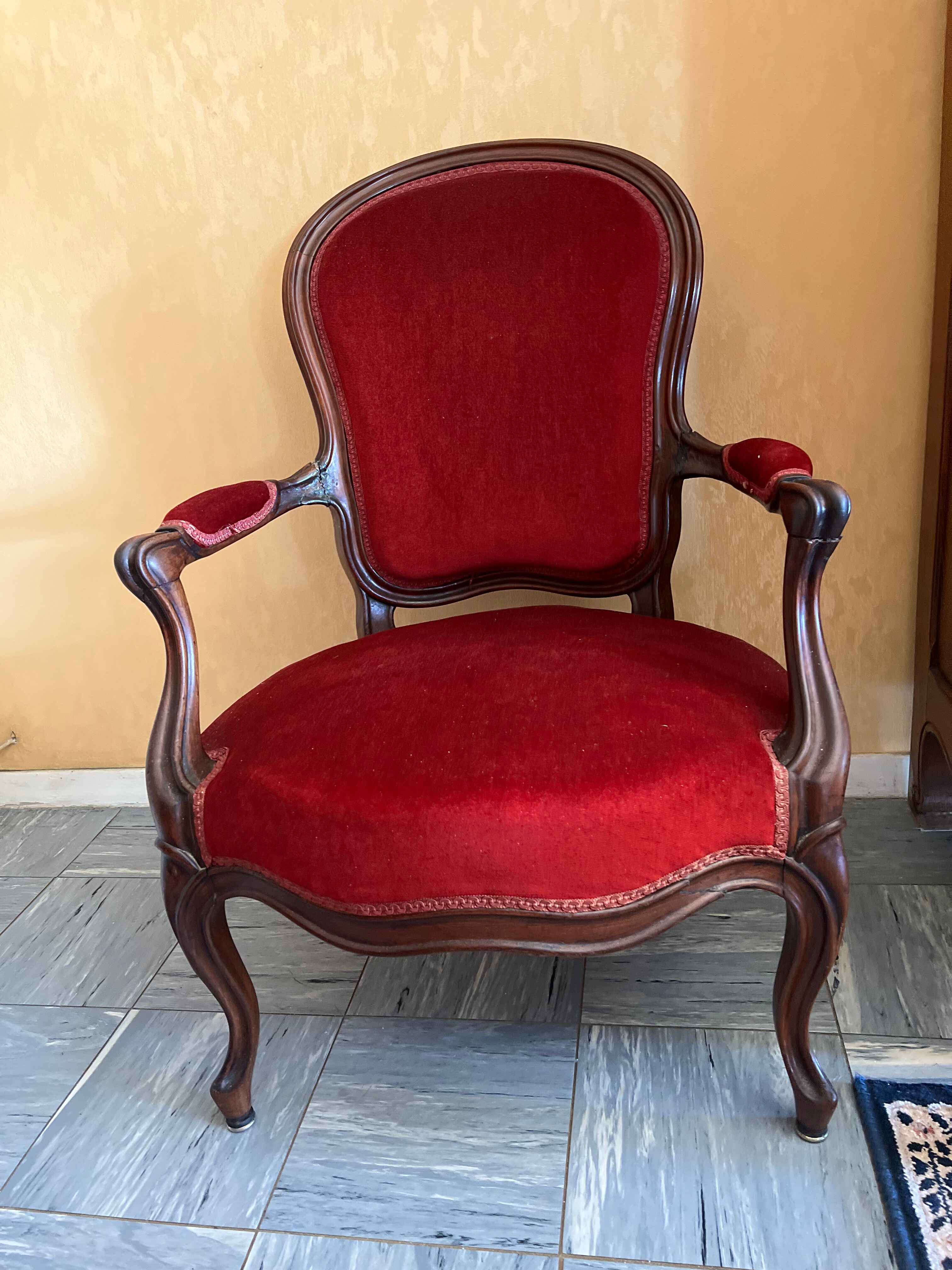 Bergère armchair in Napoléon III style, wood and burgundy velvet.