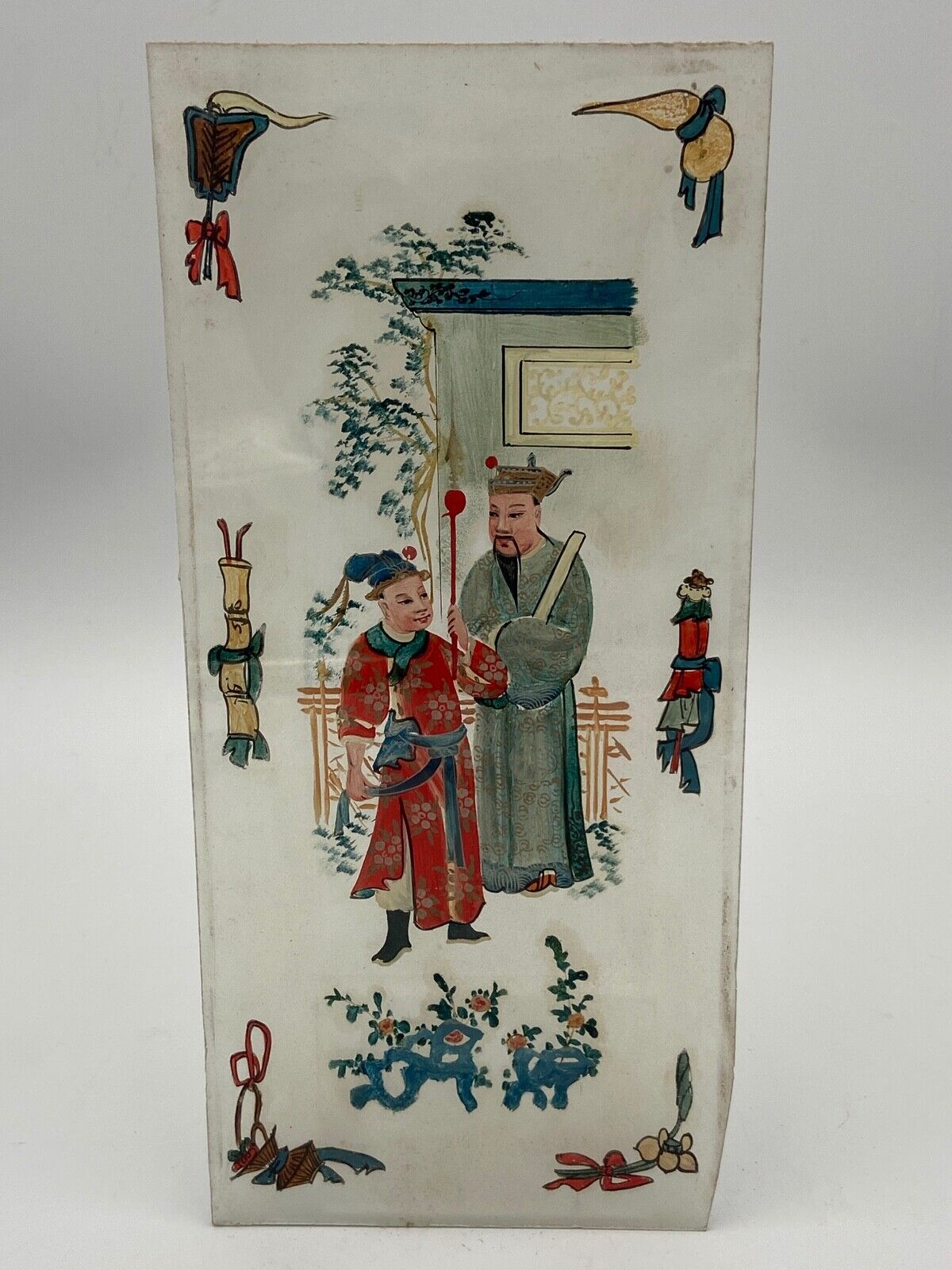 Fixed lantern plate under hand painted glass ironwood late nineteenth century