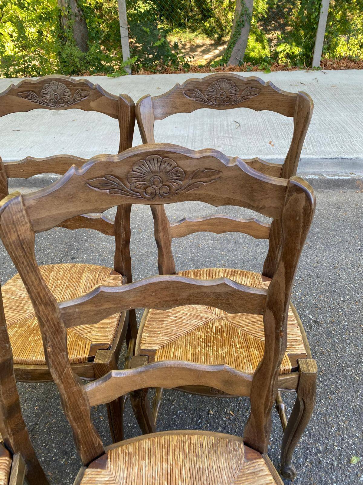 Set of 4 Vintage BAUMANN Chairs in Solid Wood with Rush Seating, Louis XV Style