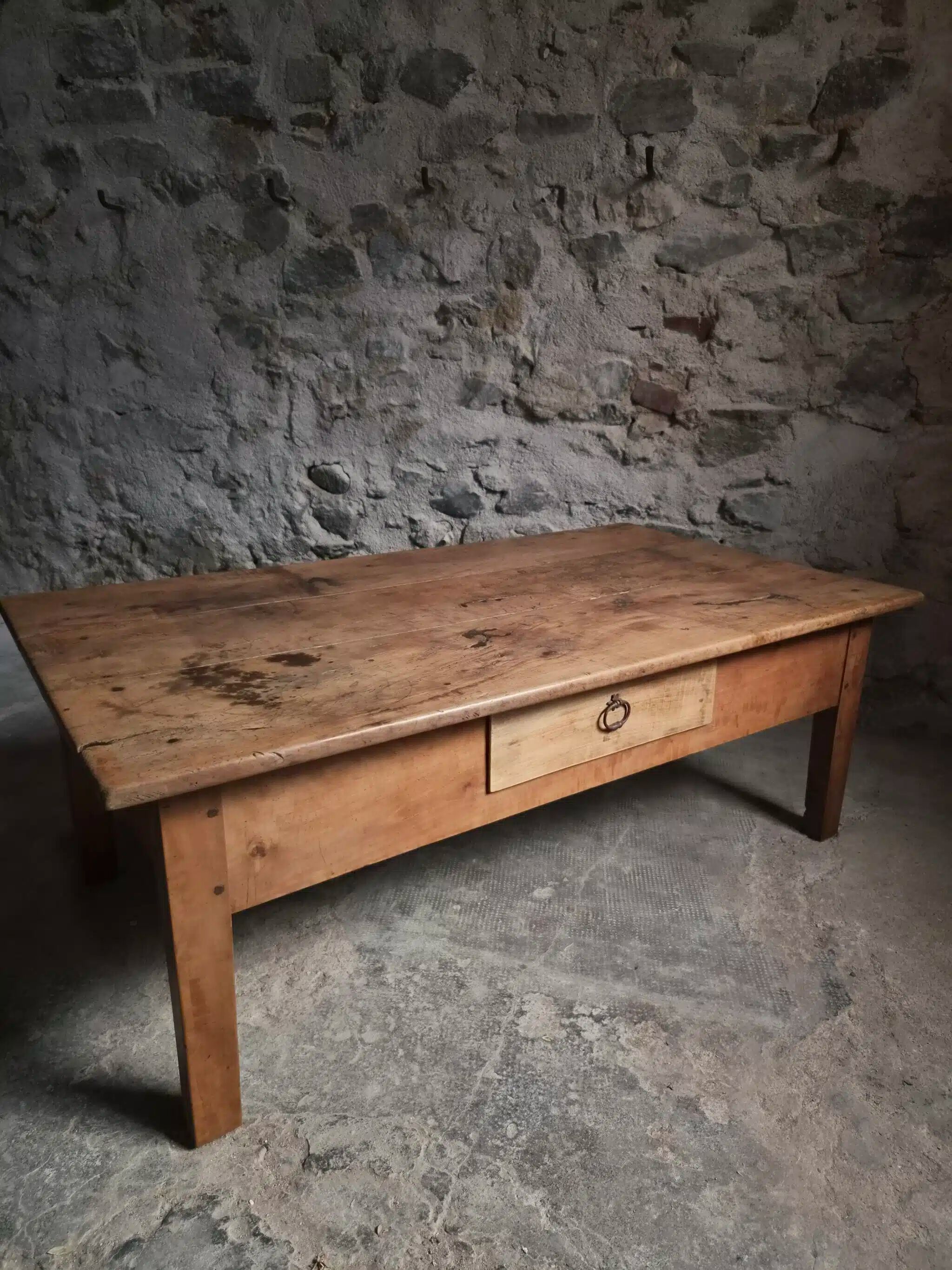 Antique cherry coffee table, rustic farmhouse table with drawer, circa 1750–1800.
