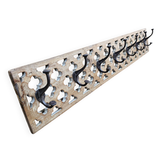 teak wall coat rack with 7 double cast iron hooks