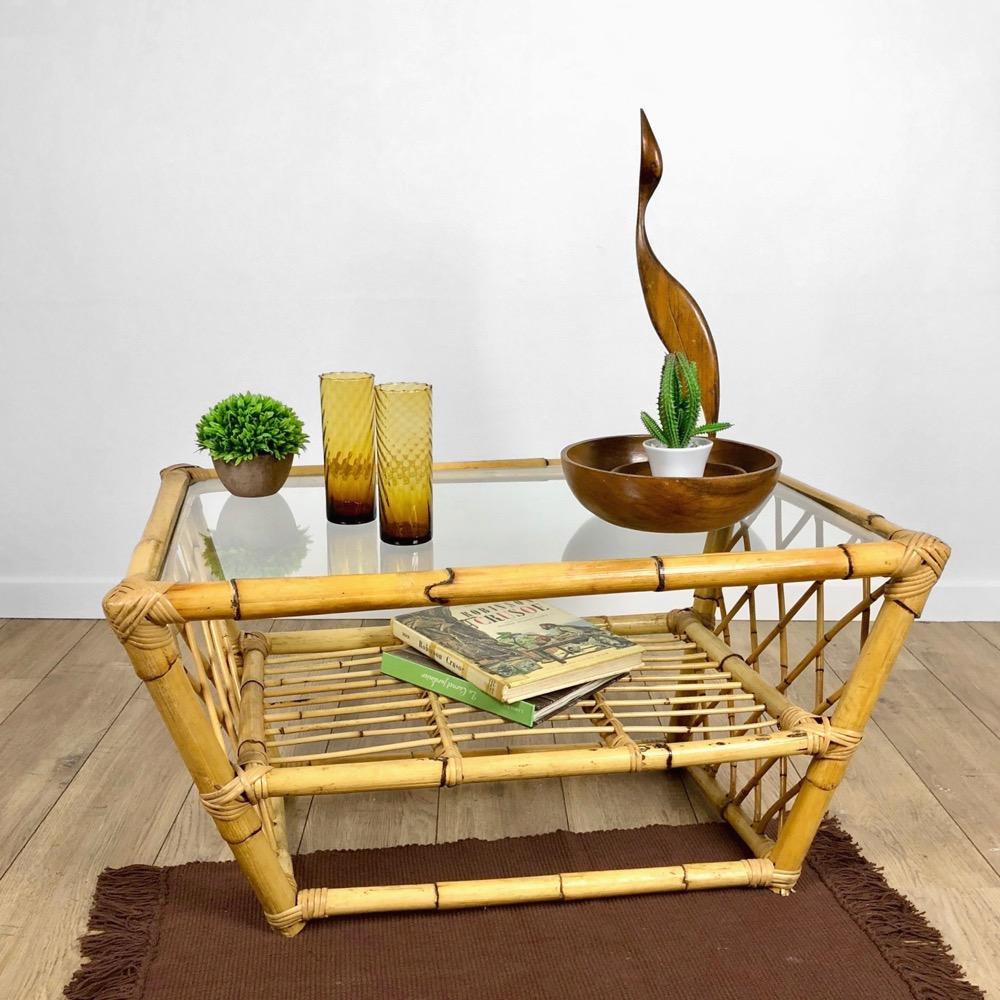 Rattan coffee table and vintage glass