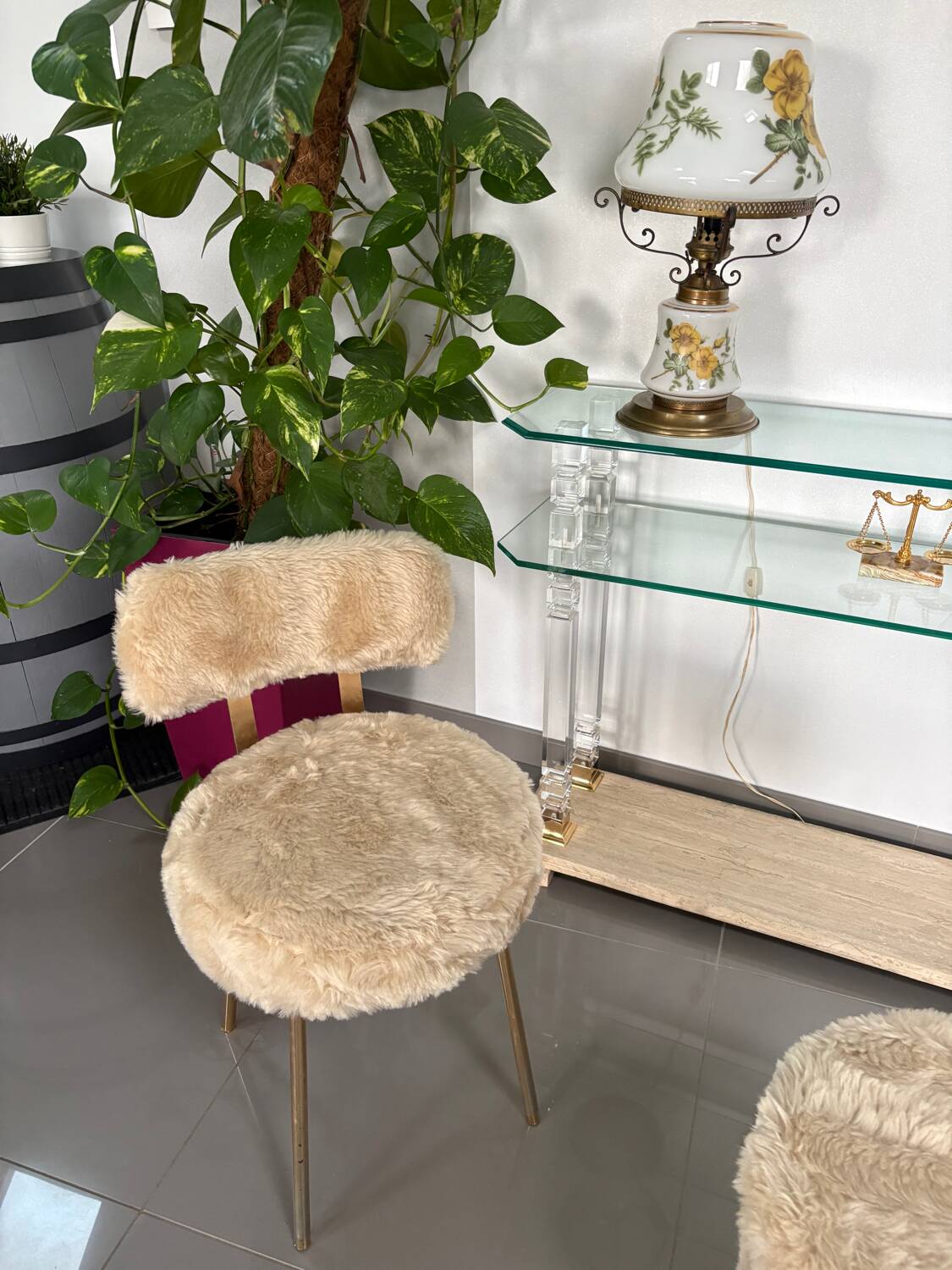 Pair of vintage chairs in beige Dralon® and gold metal.