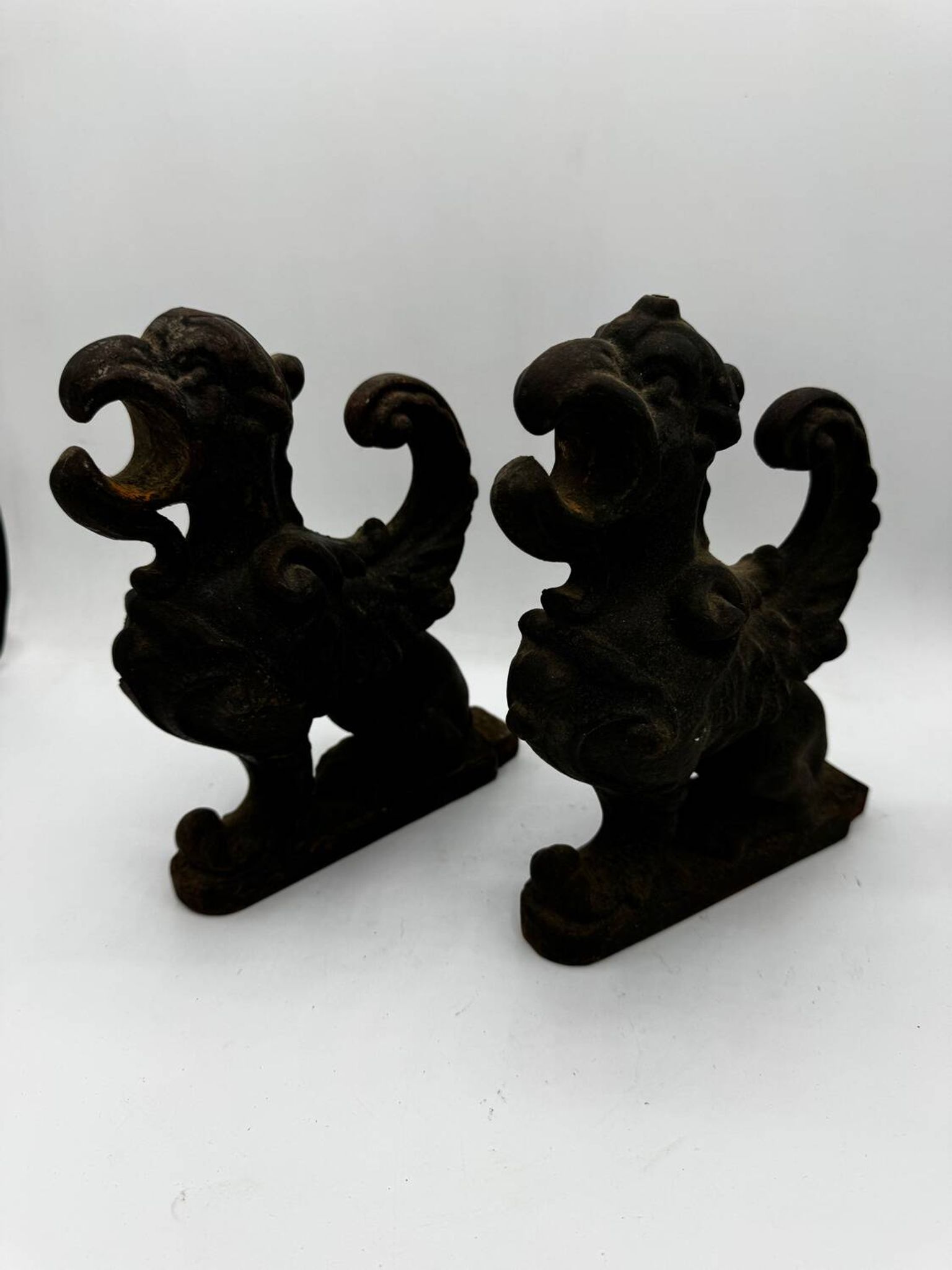 Pair of winged chimera and dragon fire dogs in cast iron