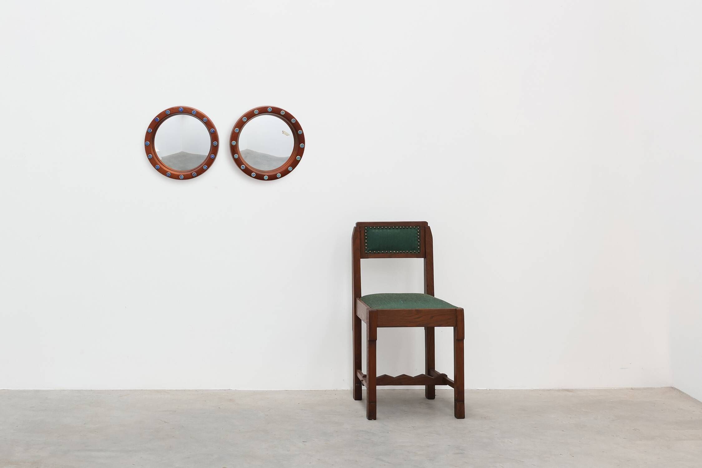 Pair of Deknudt Round Mirrors with Blue Ceramic Studs, Belgium, 1960s