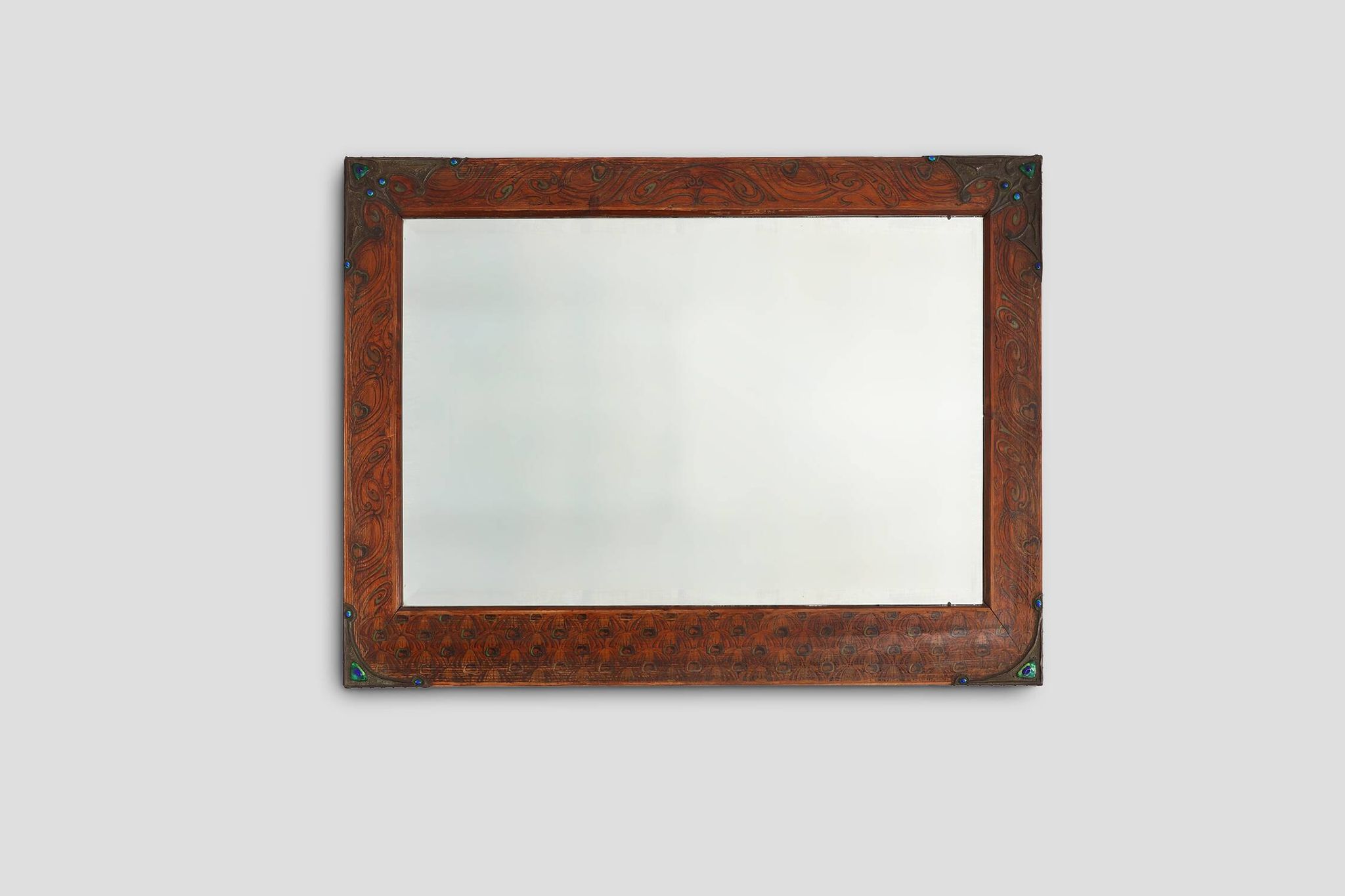 Art Nouveau mirror with hand painted peacock decoration, France ca. 1915