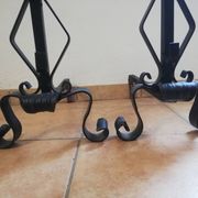 Pair of wrought iron andirons and brass ball.
