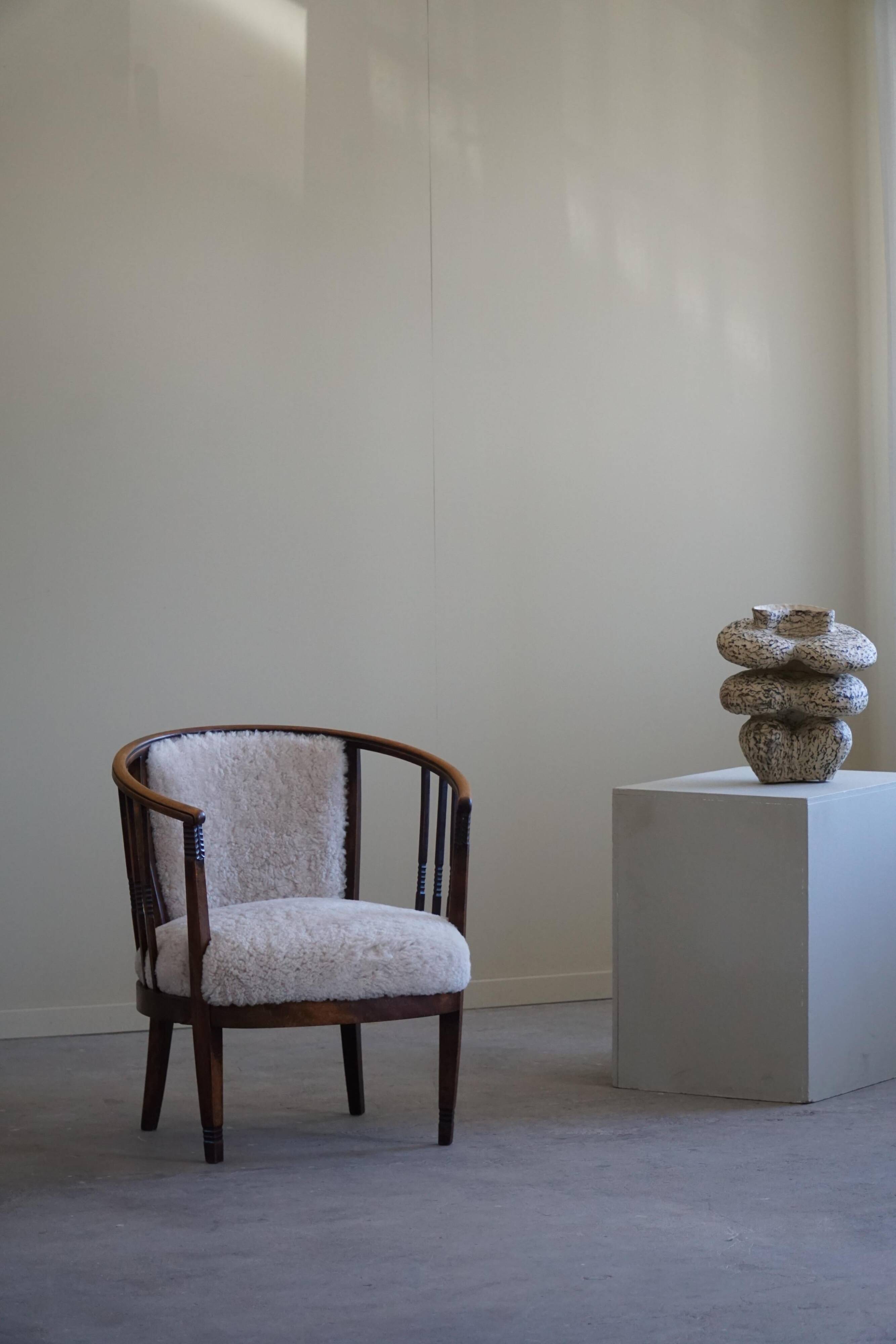 Pair of Danish armchairs in beech, reupholstered in lambswool, Art Nouveau, 1900s.