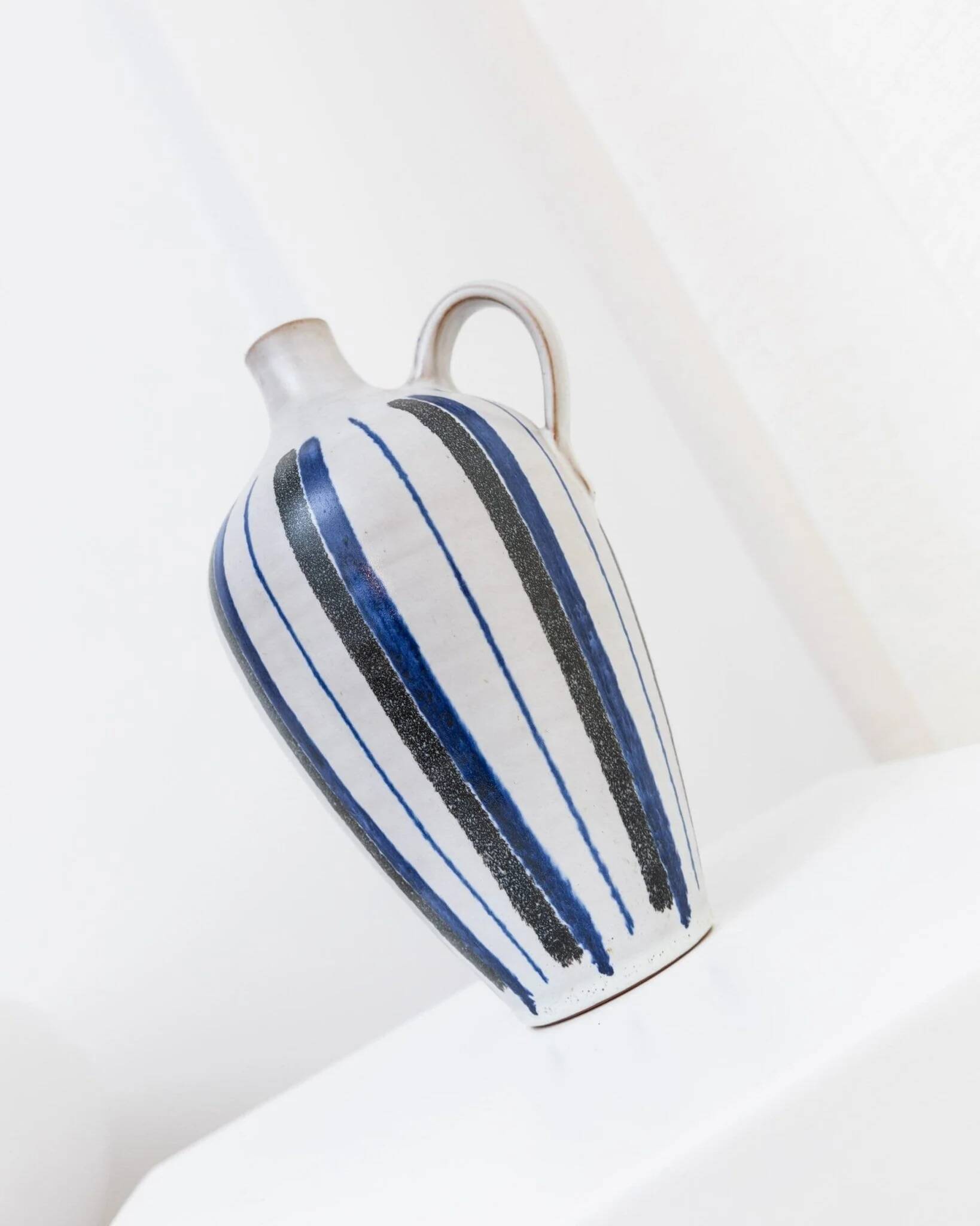 Blue Ceramic Vase by Friedel for PGH Bürgel, Mid-Century Keramik, 1960s, Hand-Painted Stripes