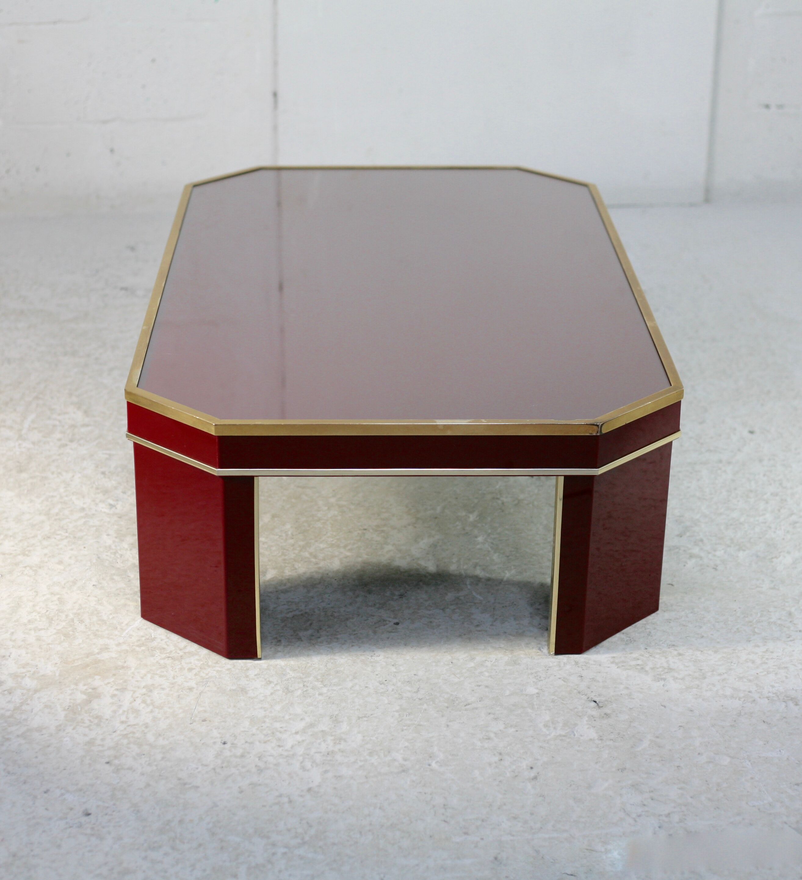 Coffee table Eric Maville glass brass plexiglass wood France, 70s. Small scratches. small