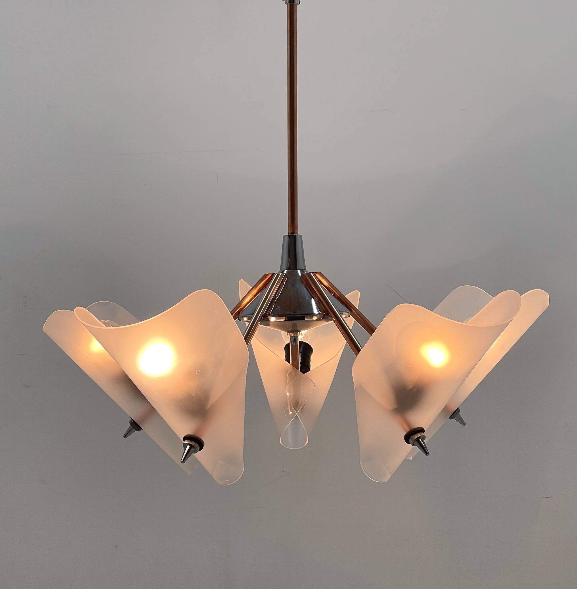 Mid-century chrome, copper & plastic chandelier by drukov, 1970s / 2 pieces avl
