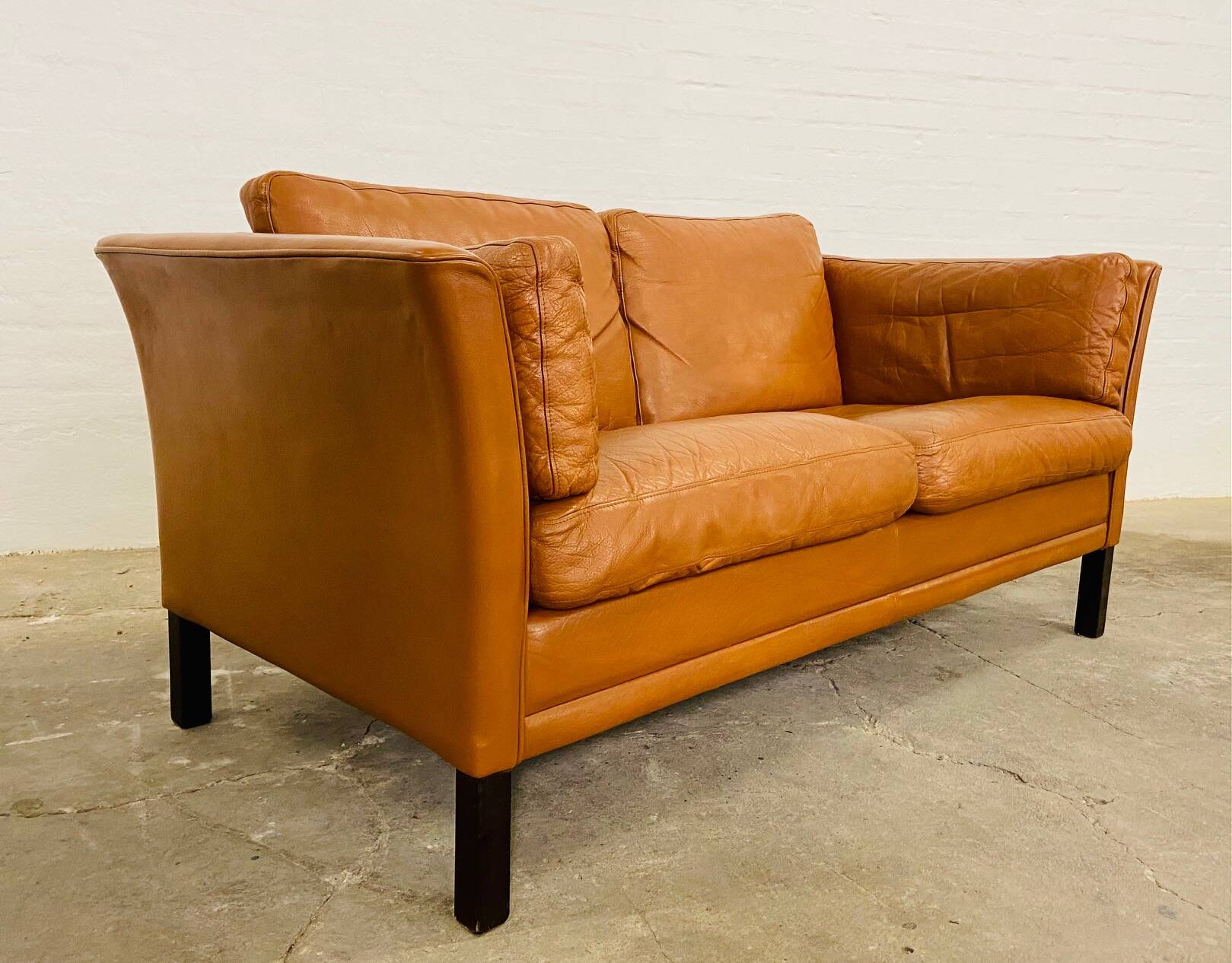 Vintage danish mid century mogens hansen 2 person tan cognac leather sofa