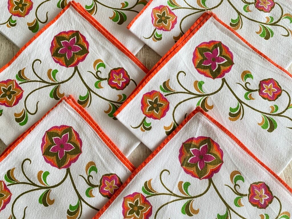 Set of 6 towels 70's printed "multicolored flowers" - cotton - 47X42 cm