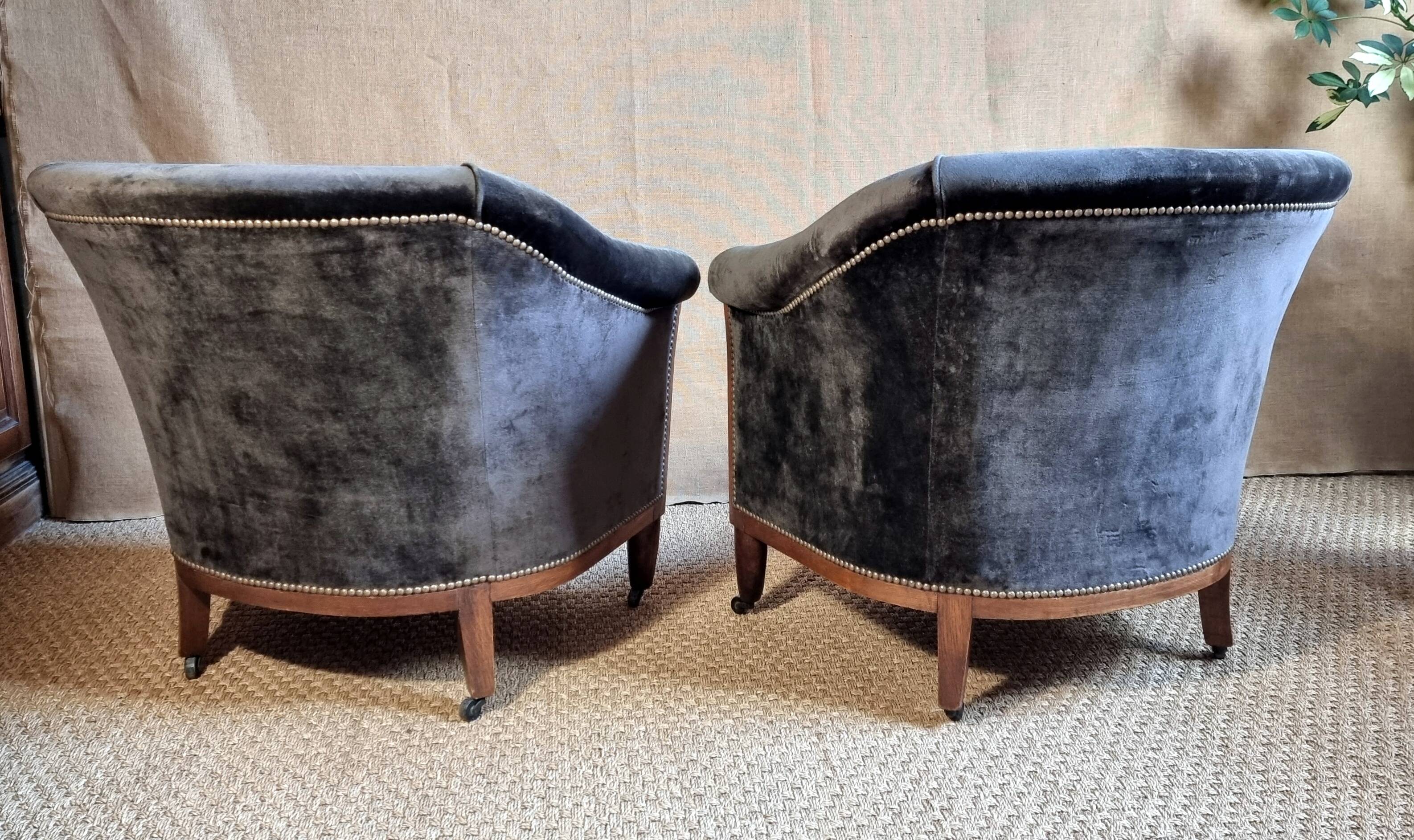 Pair of club armchairs called Monaco, studded velvet, art deco
