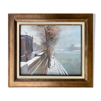 Tableau hst "quai de seine, paris en hiver" école h. a. schaeffer - g.m. + cadre