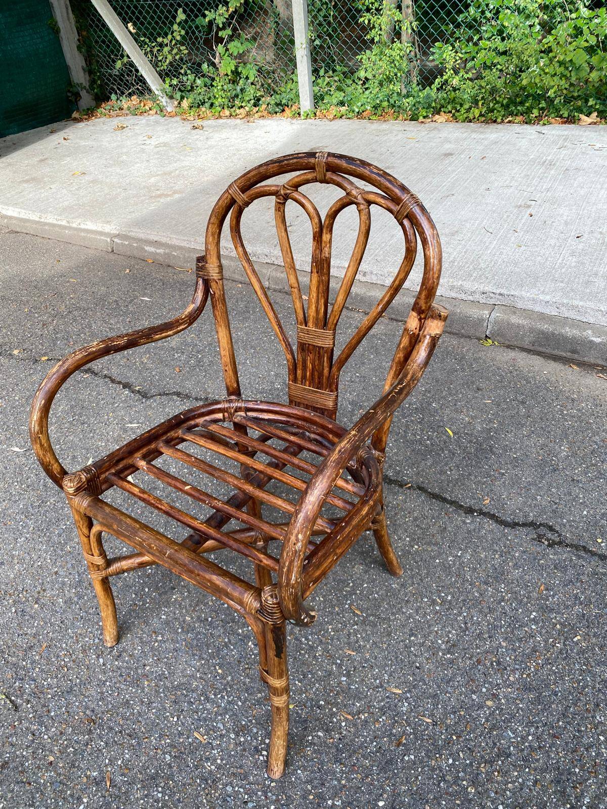 Fauteuil en rotin vintage / bambou teinté — Style Boho 70s