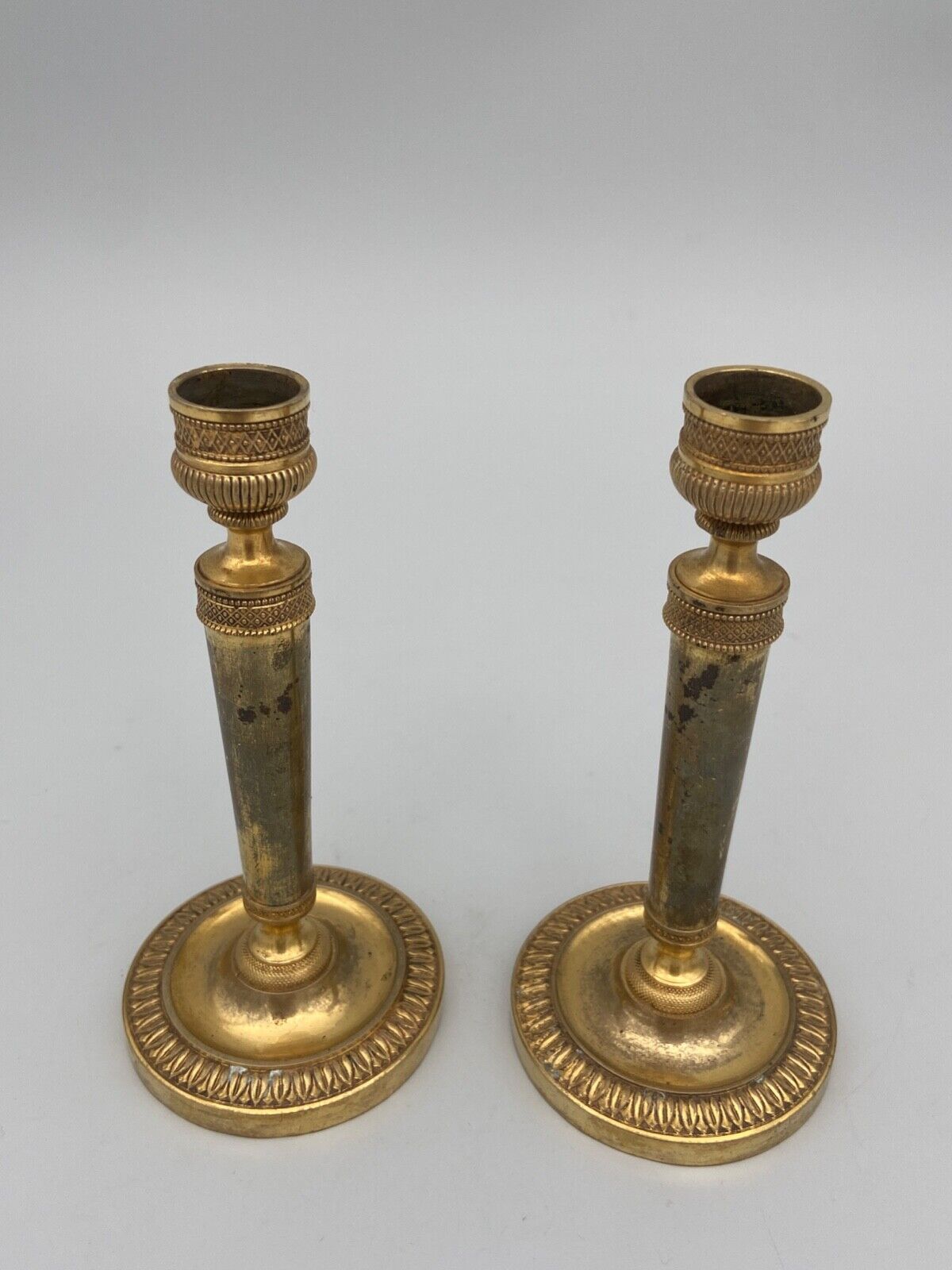 Pair of miniature candle holders in bronze dore restoration period nineteenth