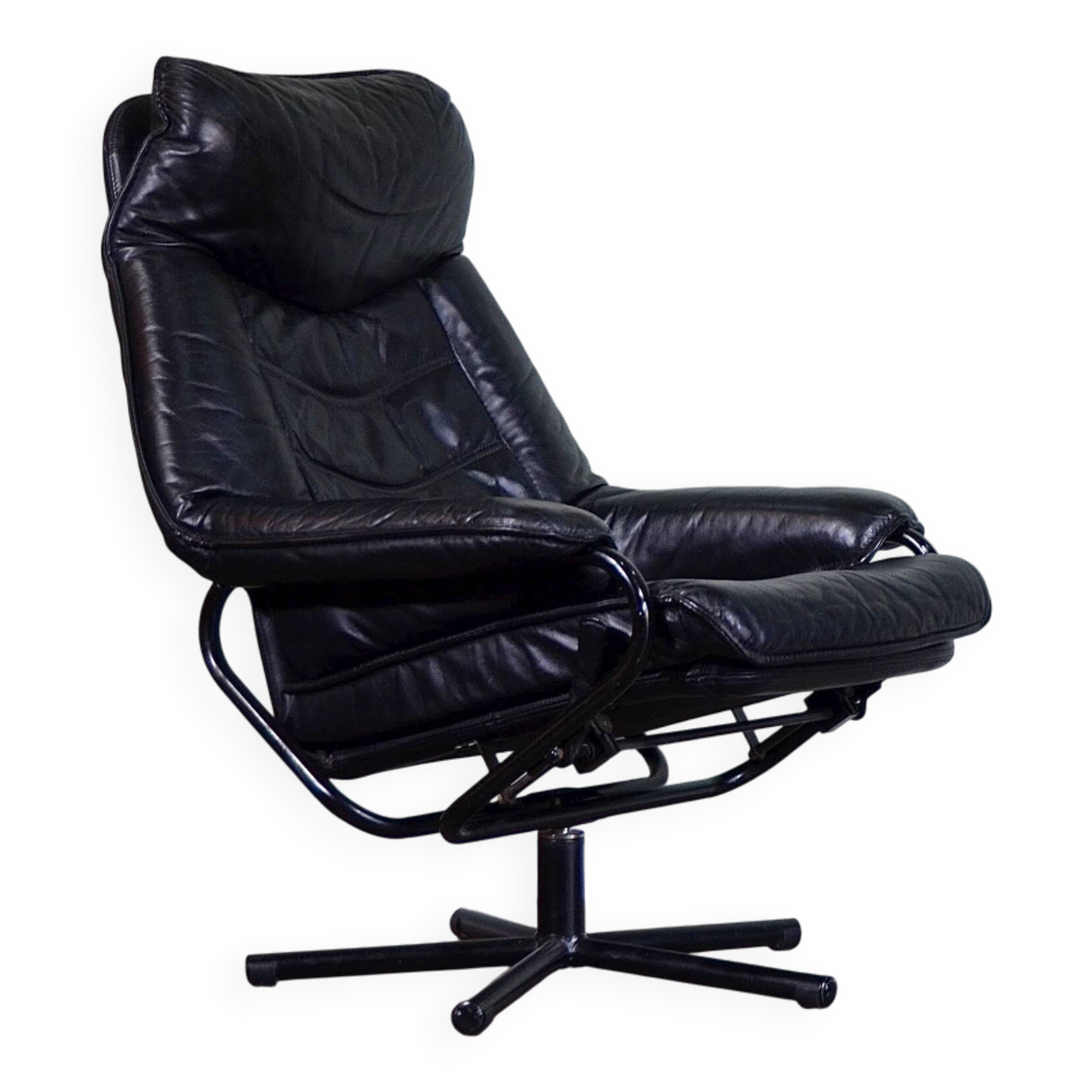 Fauteuil pivotant/inclinable norvégien Skoghaug en cuir noir du milieu du s