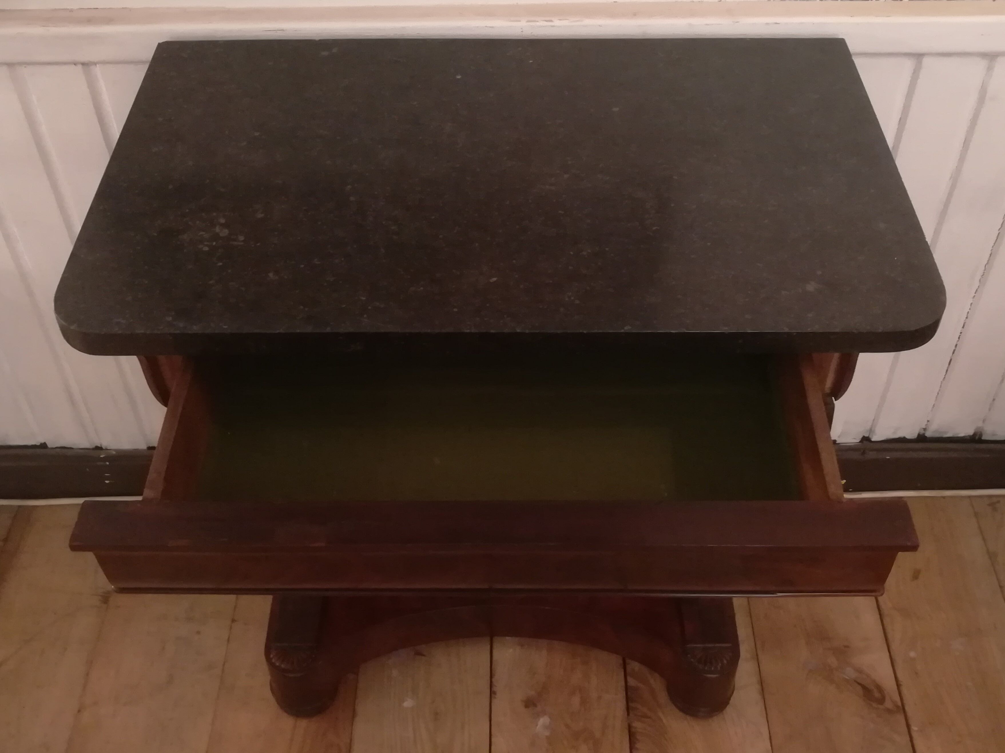 Consoles pair restoration in mahogany and black granite