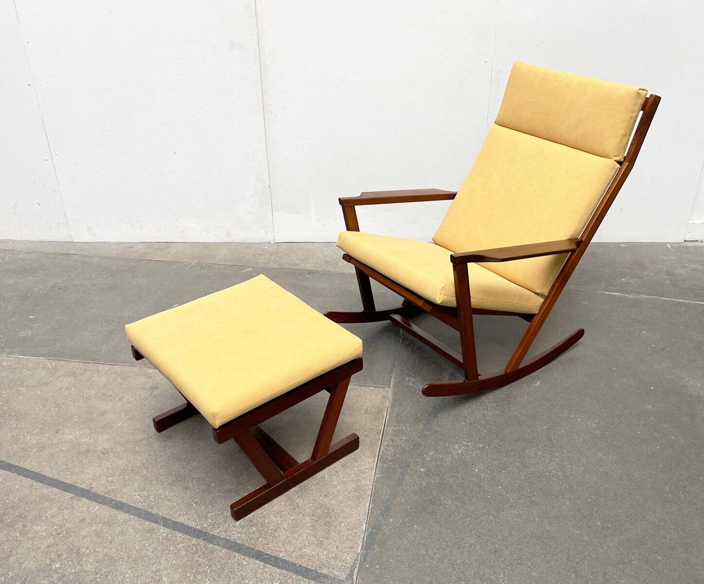 Mid-century Danish rocking chair set with footrest by Poul Volther for Frem Røjle, 1960s.