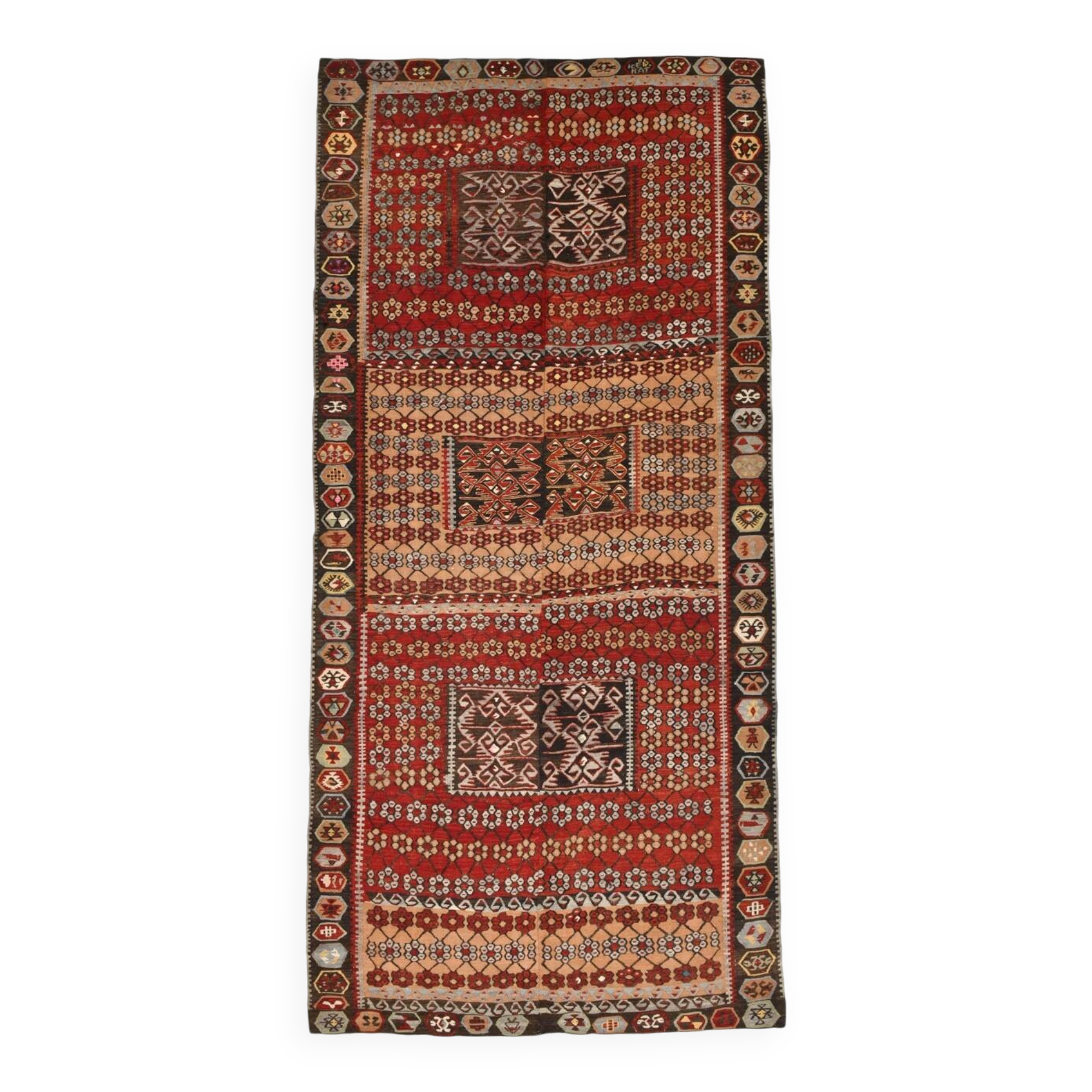 Kilim anatolien ancien tons rouges et beiges, motifs tribaux colorés