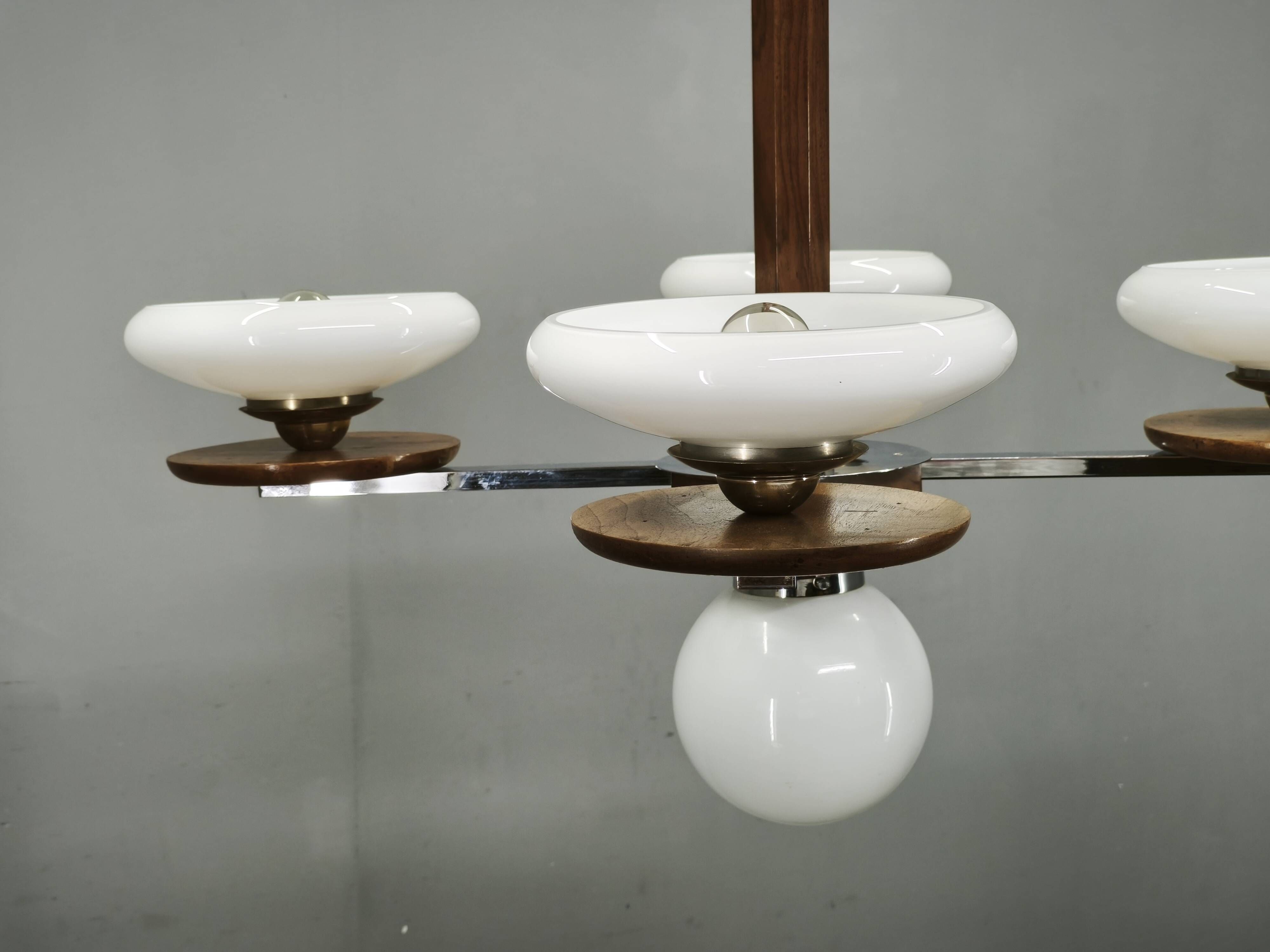 Czech Art Deco Walnut, Chrome and Opaline Glass Chandelier, 1930s