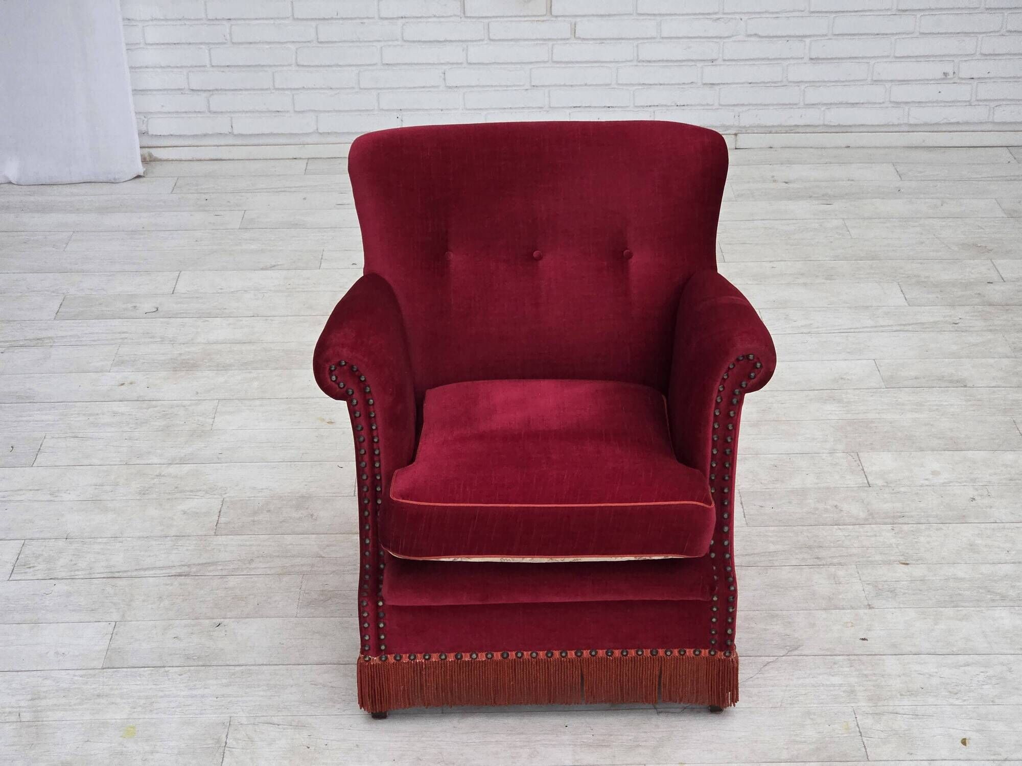 1970s, Danish armchair, furniture velour, ash wood legs.