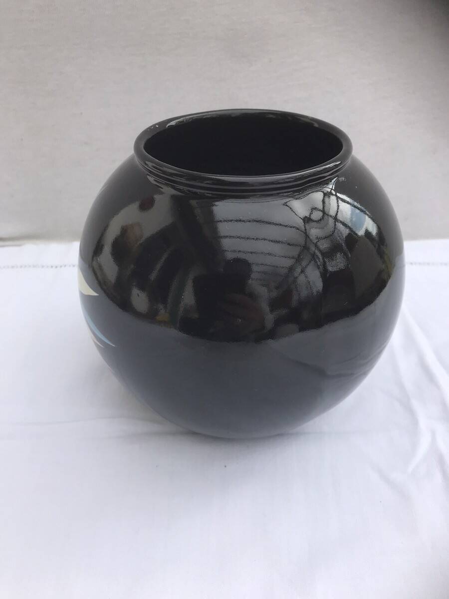Black Ceramic Round Vase with Flower and Paradise Bird Design, 1970s Vintage