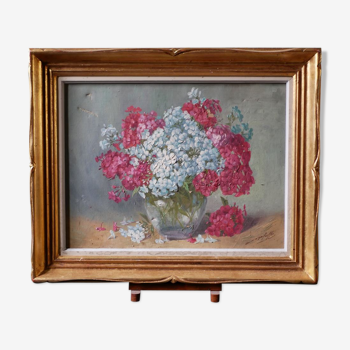 Ancienne huile sur toile, Bouquet de fleurs, encadrement bois doré