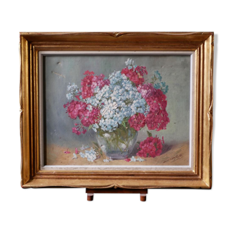Old oil on canvas, Bouquet of flowers, gilded wood frame