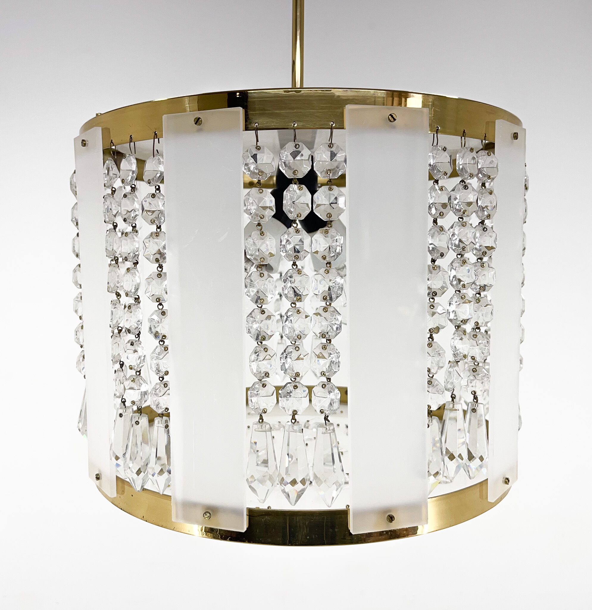 1970's Brass & Crystal Pendant Light by Novy Bydzov Glasswork, Czechoslovakia