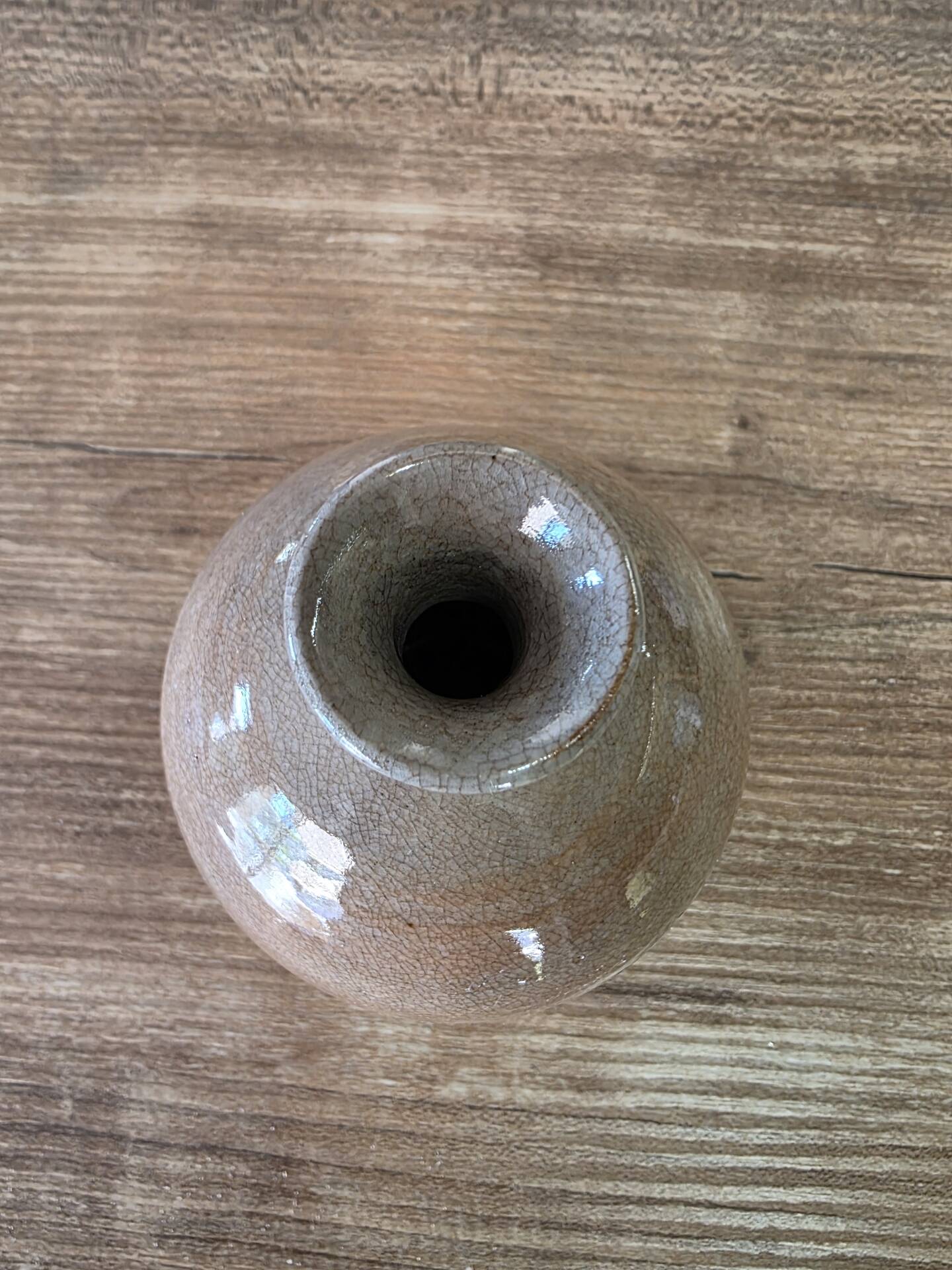 Small round vase soliflore, crackled glazed stoneware, ceramist seal.