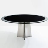 Table de Luigi Saccardo pour Maison Jansen acier brossé verre noir 1970