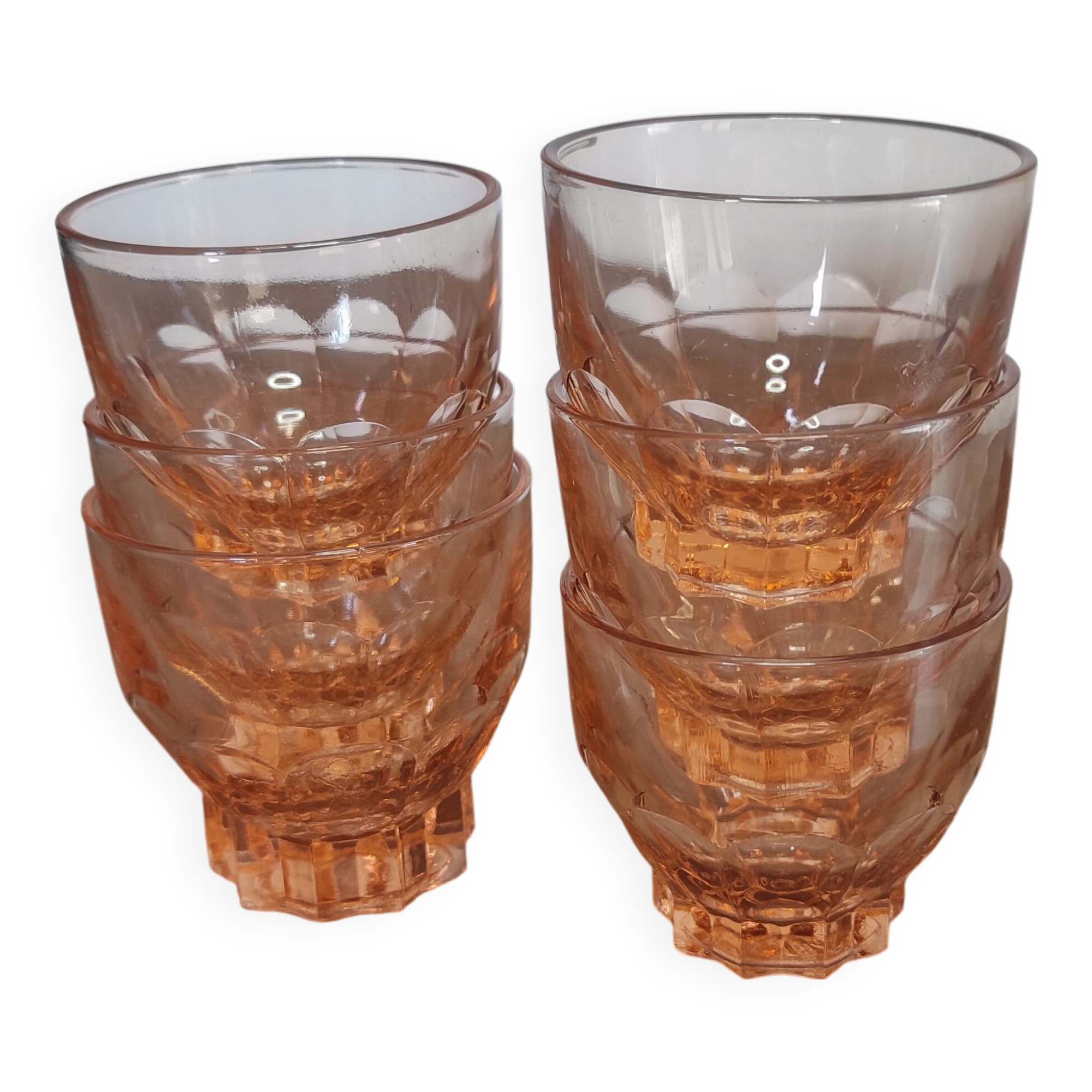 Set of 6 vintage Rosaline liqueur glasses in translucent pink glass
