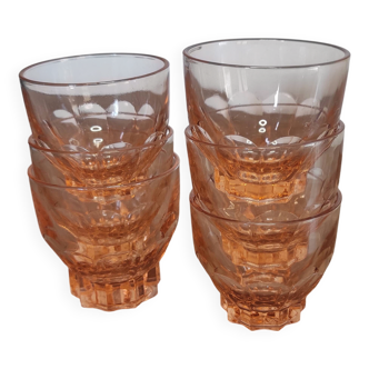 Set of 6 vintage Rosaline liqueur glasses in translucent pink glass