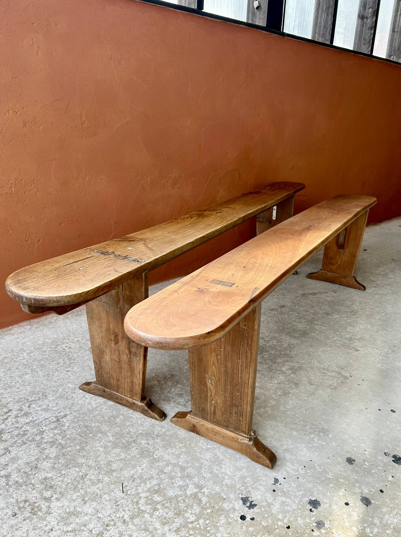 Pair of wooden farm benches