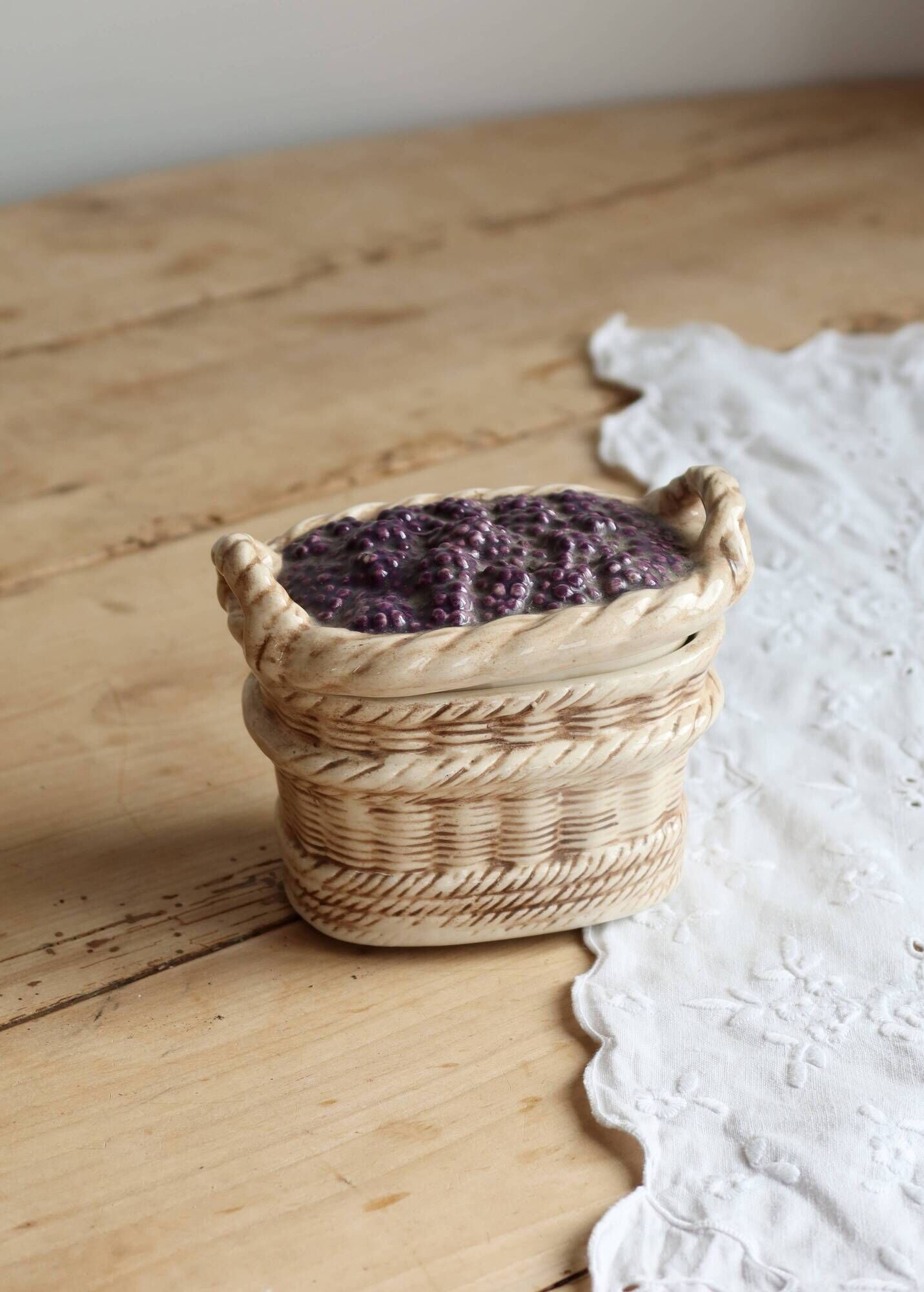 Vintage barbotine sugar bowl / sweet jar blackberry basket