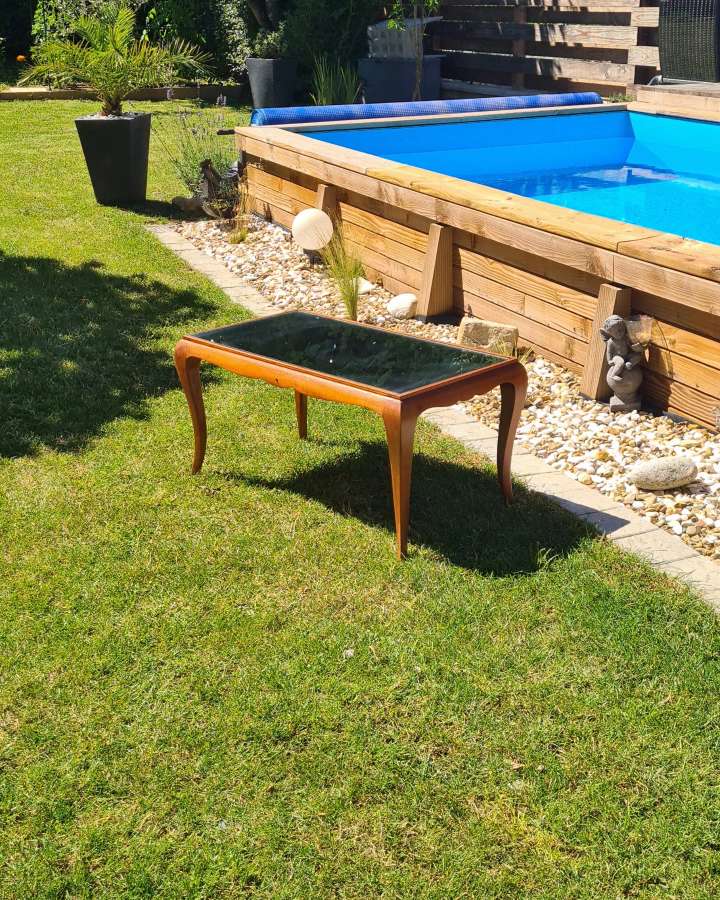 Coffee table exotic wood and glass 50s