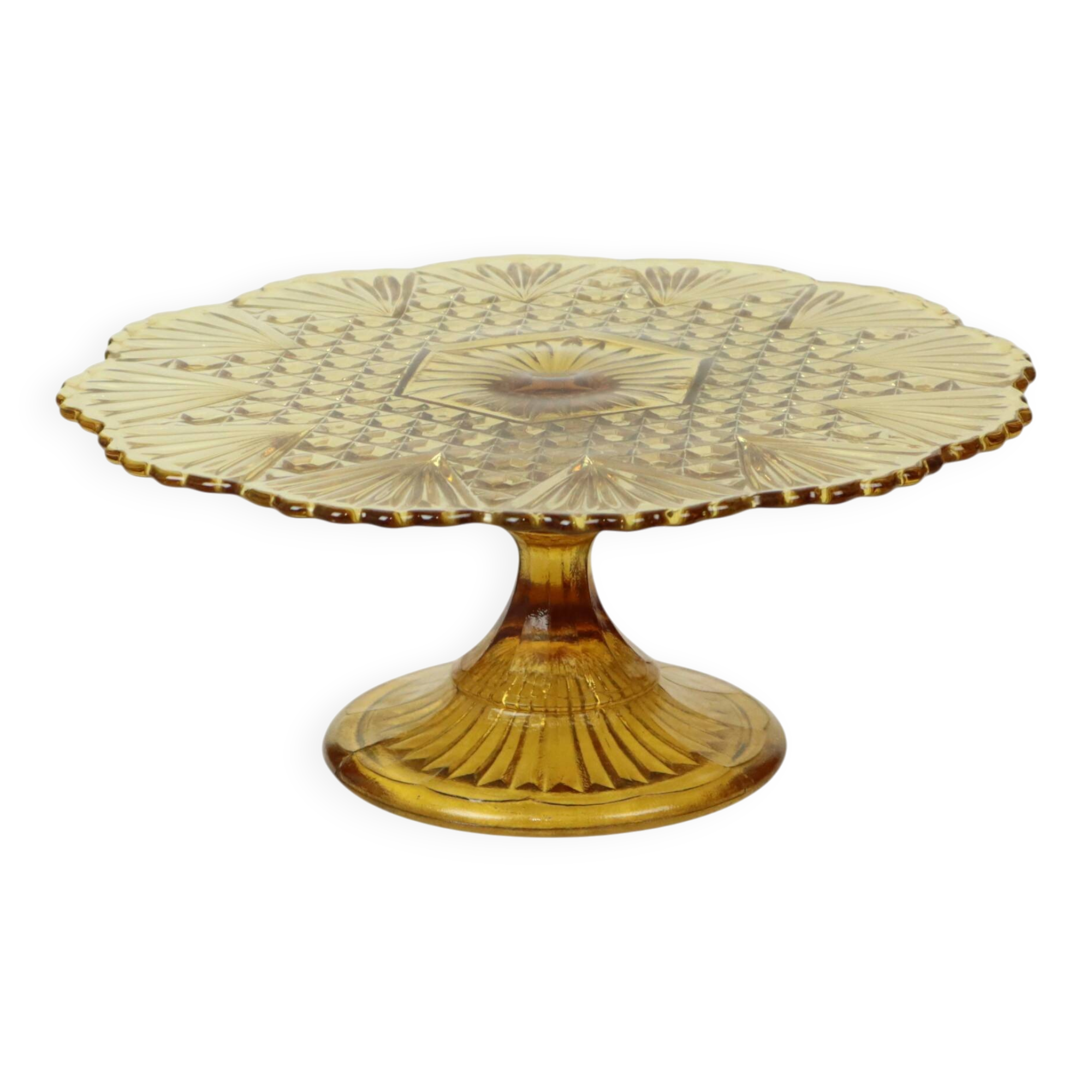 Assiette à gâteau vintage Art déco en verre pressé ambré 30 cm