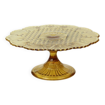 Vintage Art Deco Amber Cake Plate Dish Pressed Glass 30cm