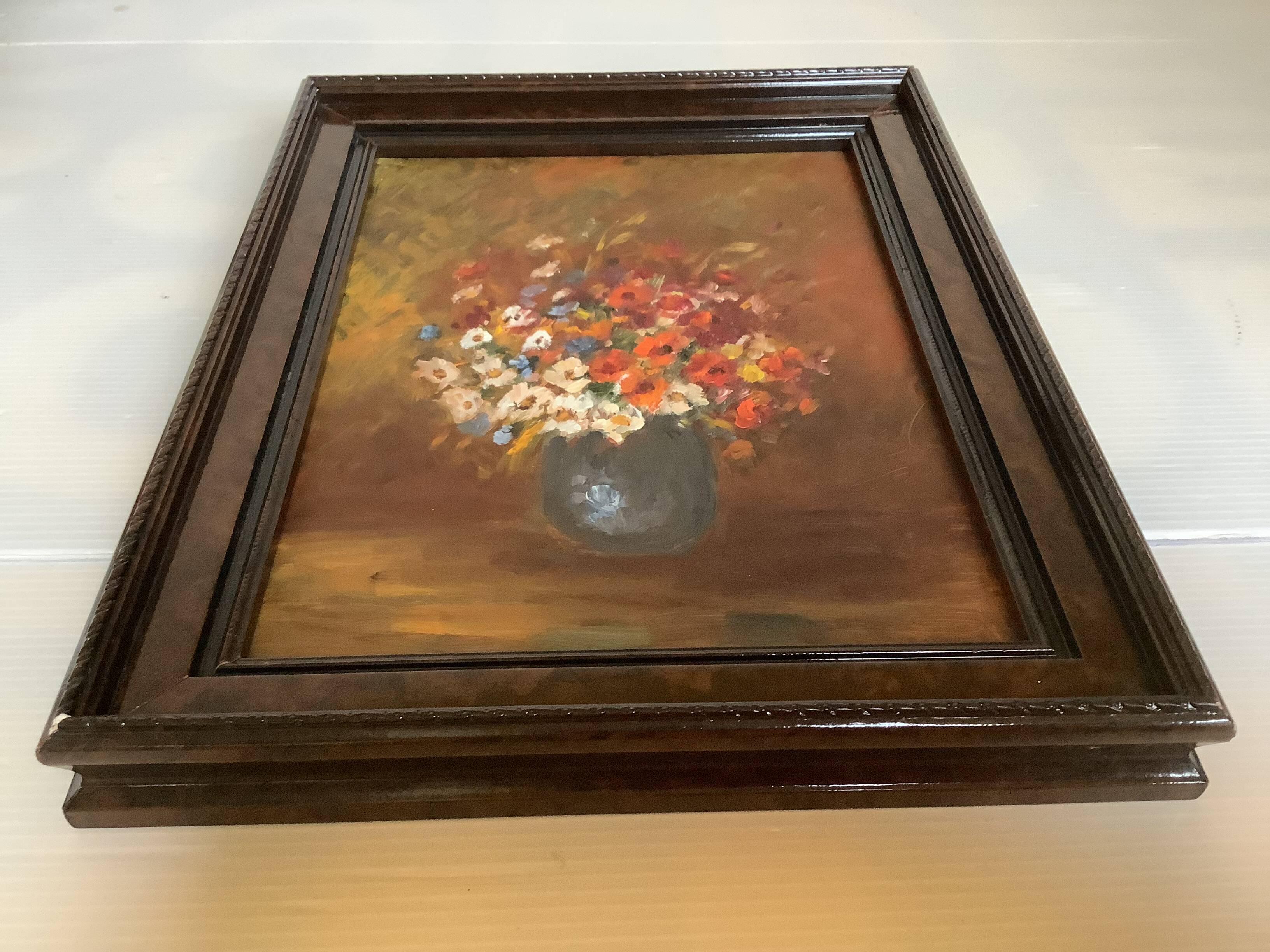 Still life of a bouquet of flowers, oil on cardboard.