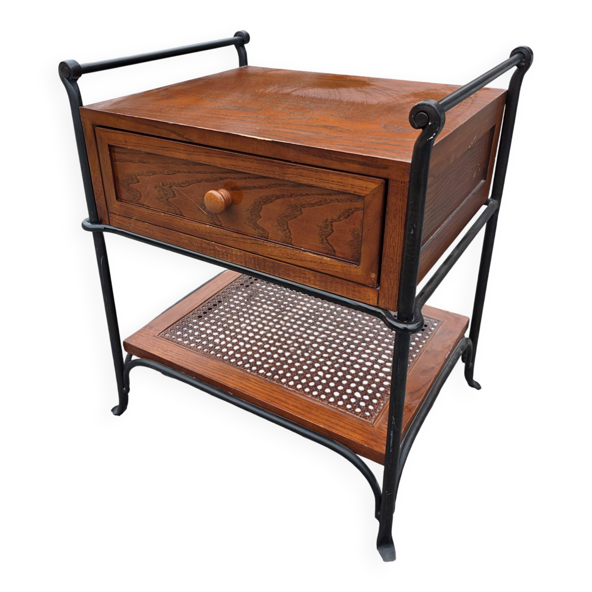 Vintage bedside table in solid oak and wrought iron.