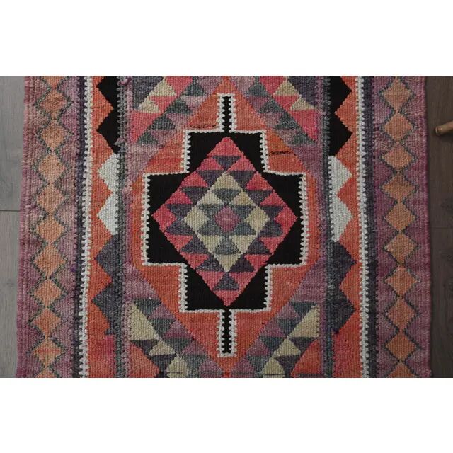 1970s Vintage Turkish Handmade Wool & Cotton Pink Runner Rug 101x318